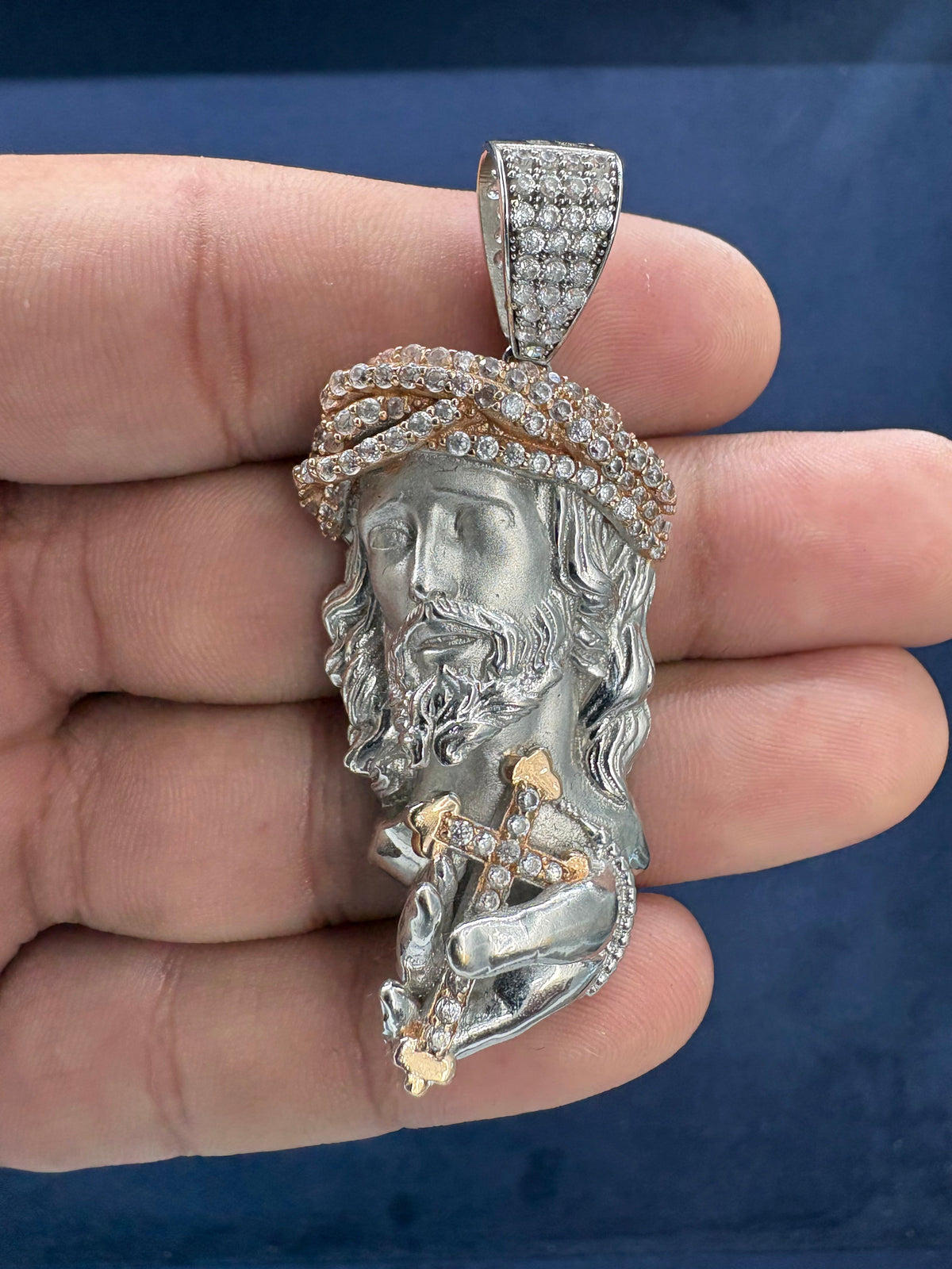 14K White Gold and Sapphire Stone Jesus Pendant - additional product view 2
