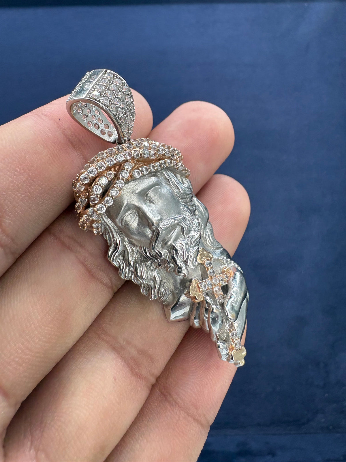 14K White Gold and Sapphire Stone Jesus Pendant - additional product view 3
