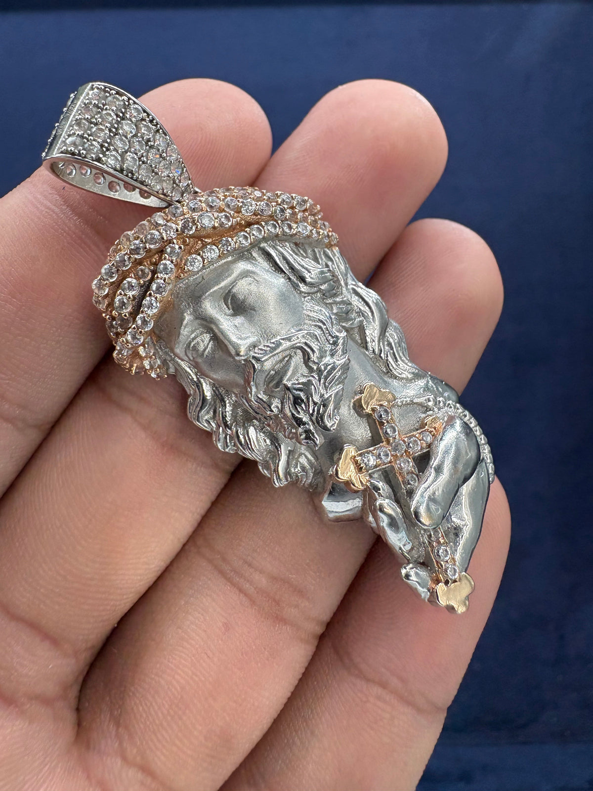 14K White Gold and Sapphire Stone Jesus Pendant - additional product view 4