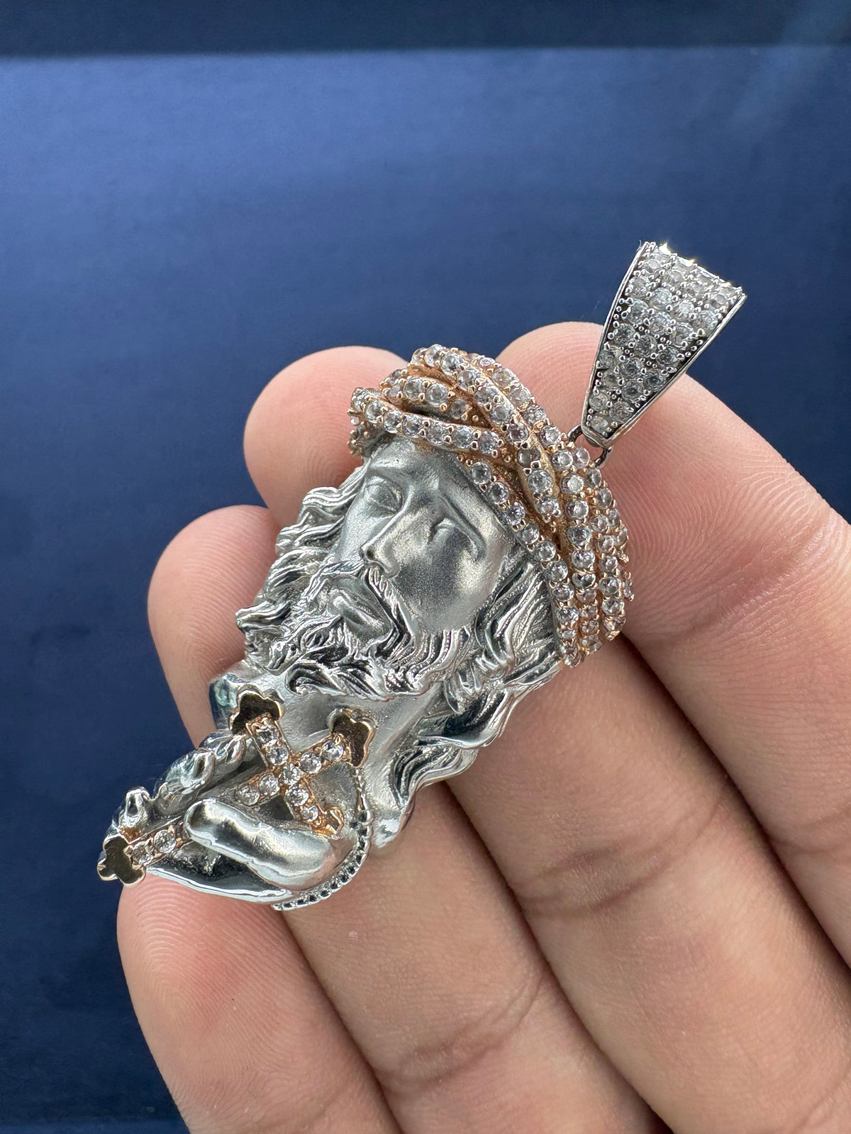 14K White Gold and Sapphire Stone Jesus Pendant - additional product view 5