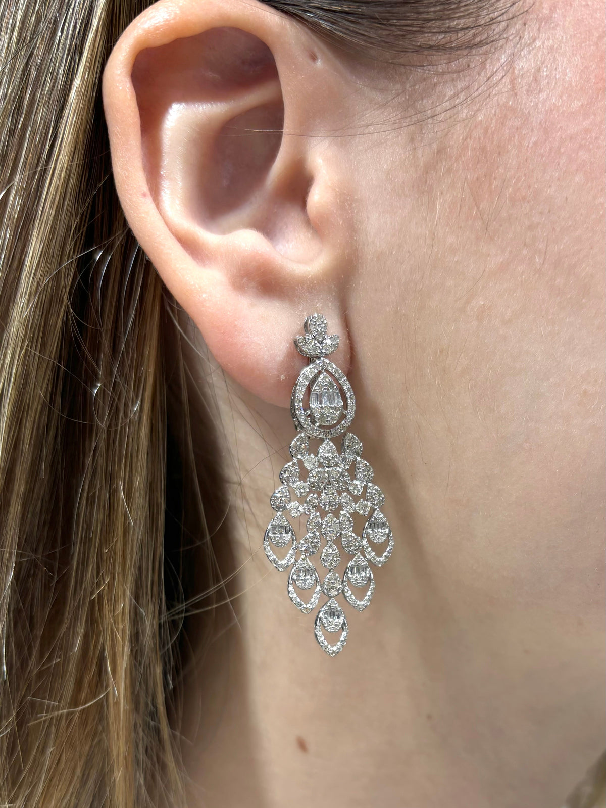 14K Gold Baguette Pear Drops Hanging Diamond Earrings - additional product view 2