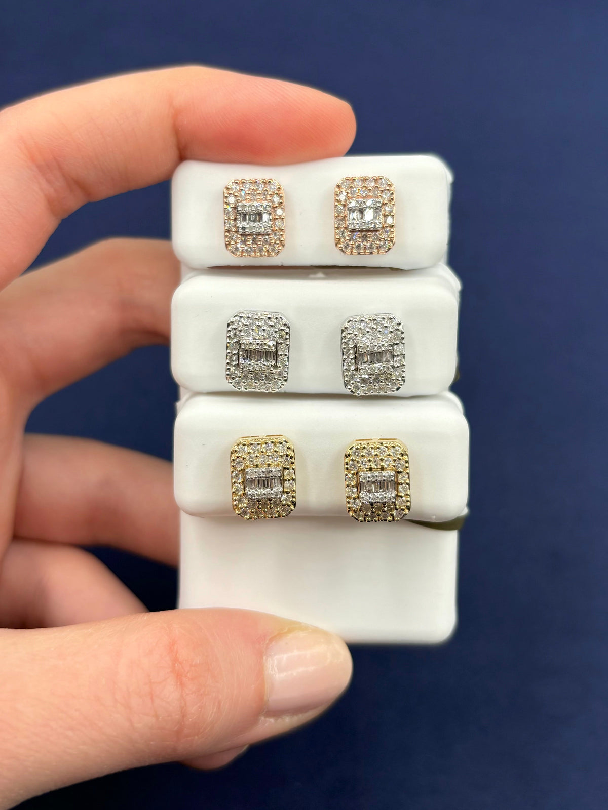 10K Gold Rectangle Diamond Earrings with Baguette Center - additional product view 3