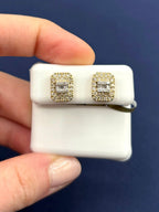 10K Gold Rectangle Diamond Earrings with Baguette Center in yellow gold - close-up product photo
