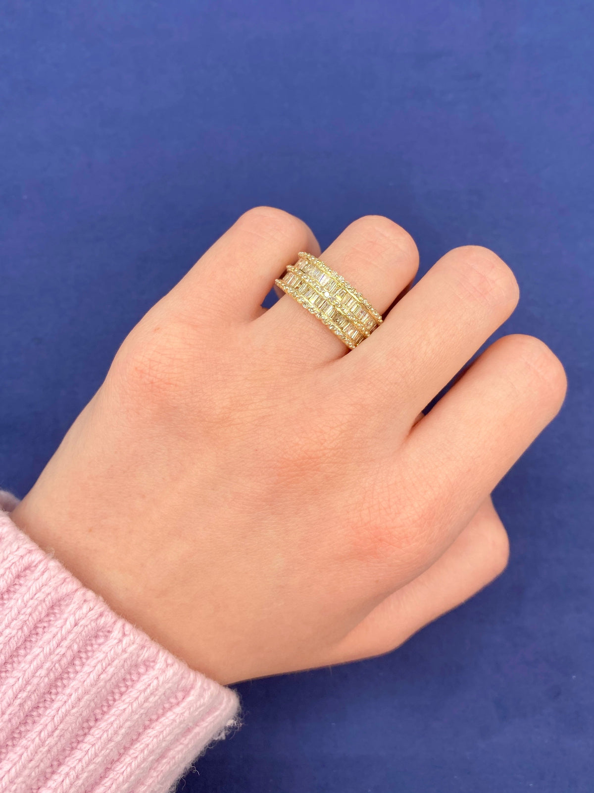 14K Gold Double Row Baguette Bridge Diamond Ring in yellow gold - close-up product photo