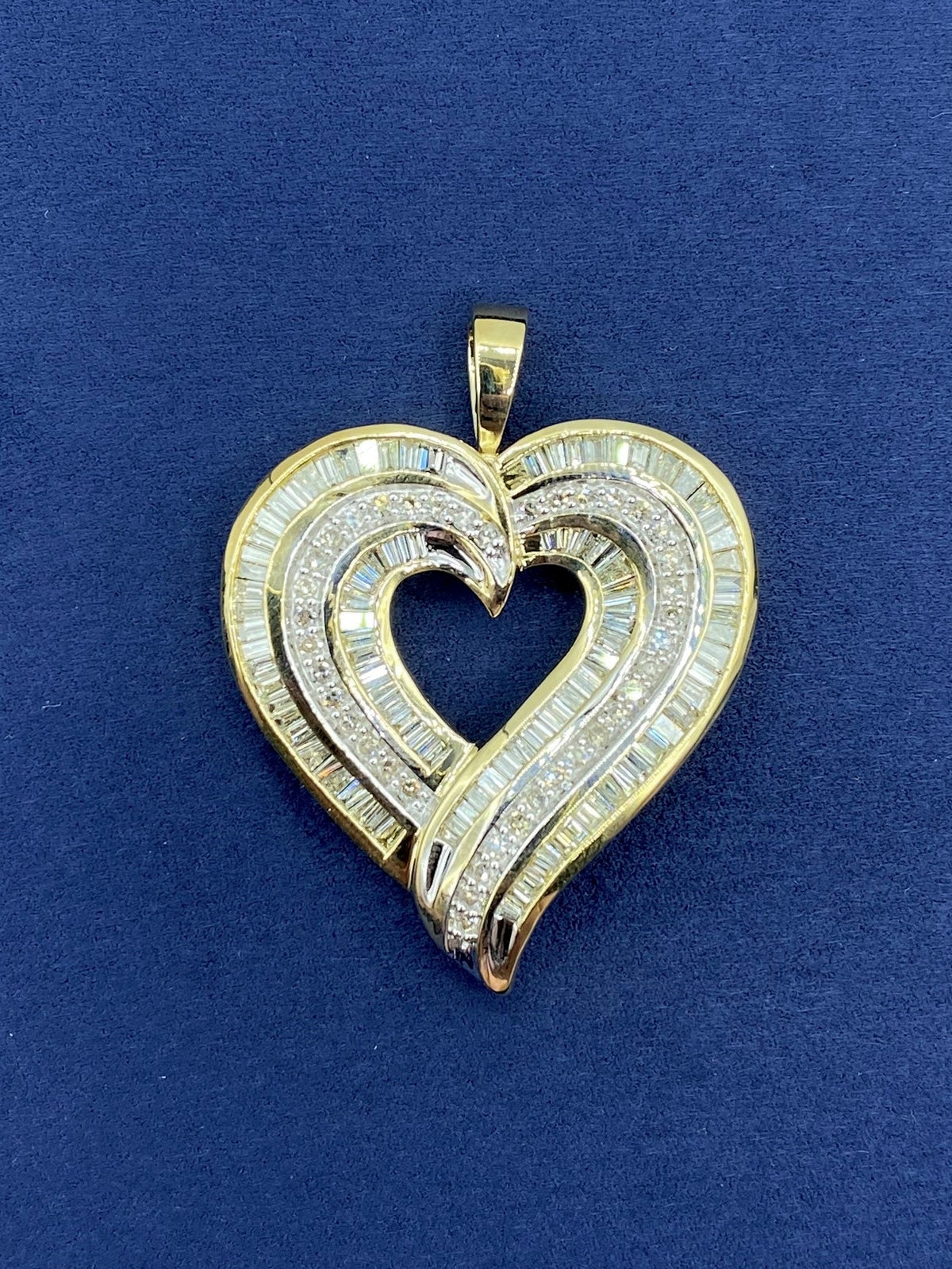 10K Gold Triple-Row Baguette Heart Diamond Pendants in yellow gold - close-up product photo