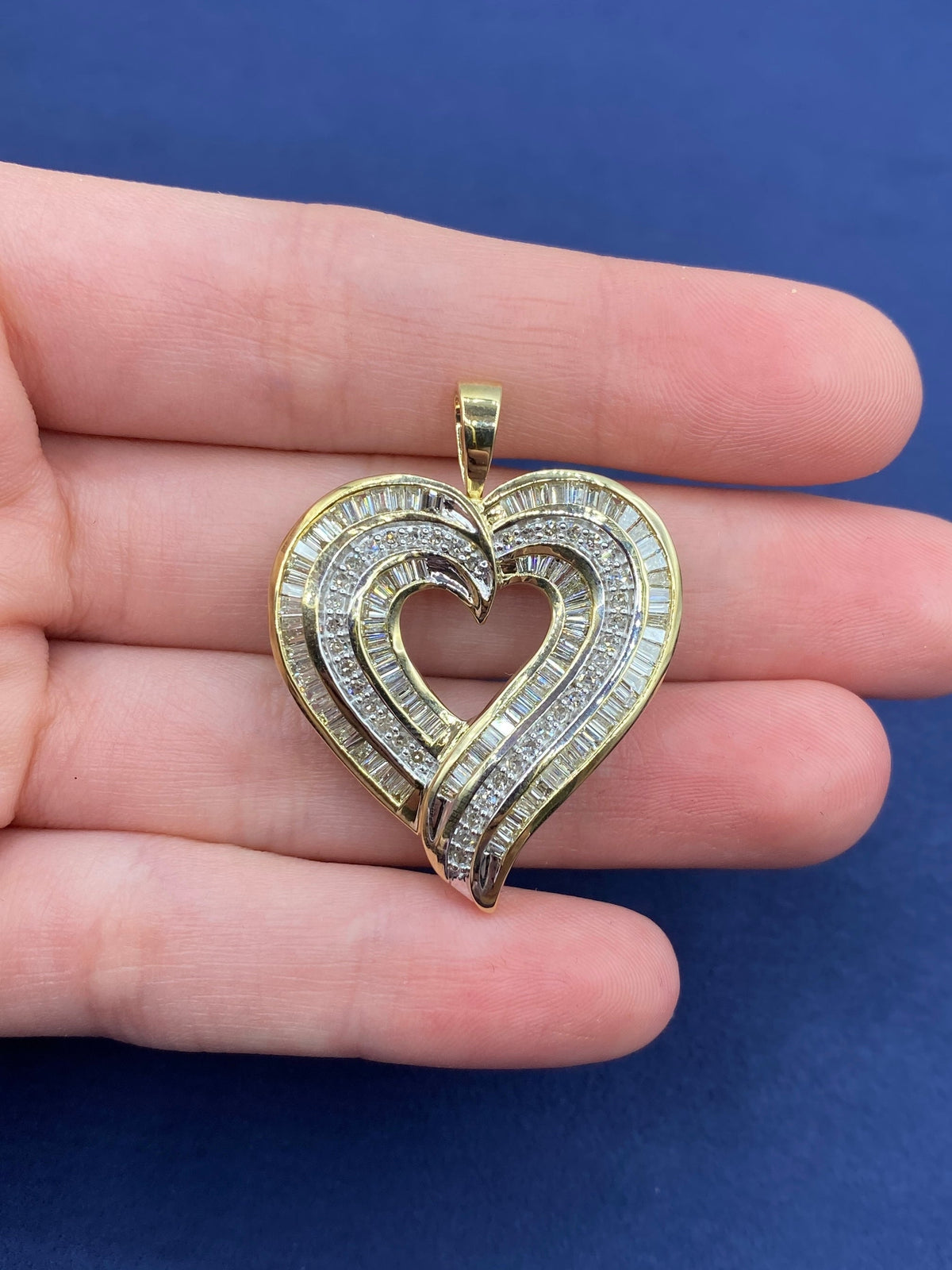 10K Gold Triple-Row Baguette Heart Diamond Pendants - additional product view 6