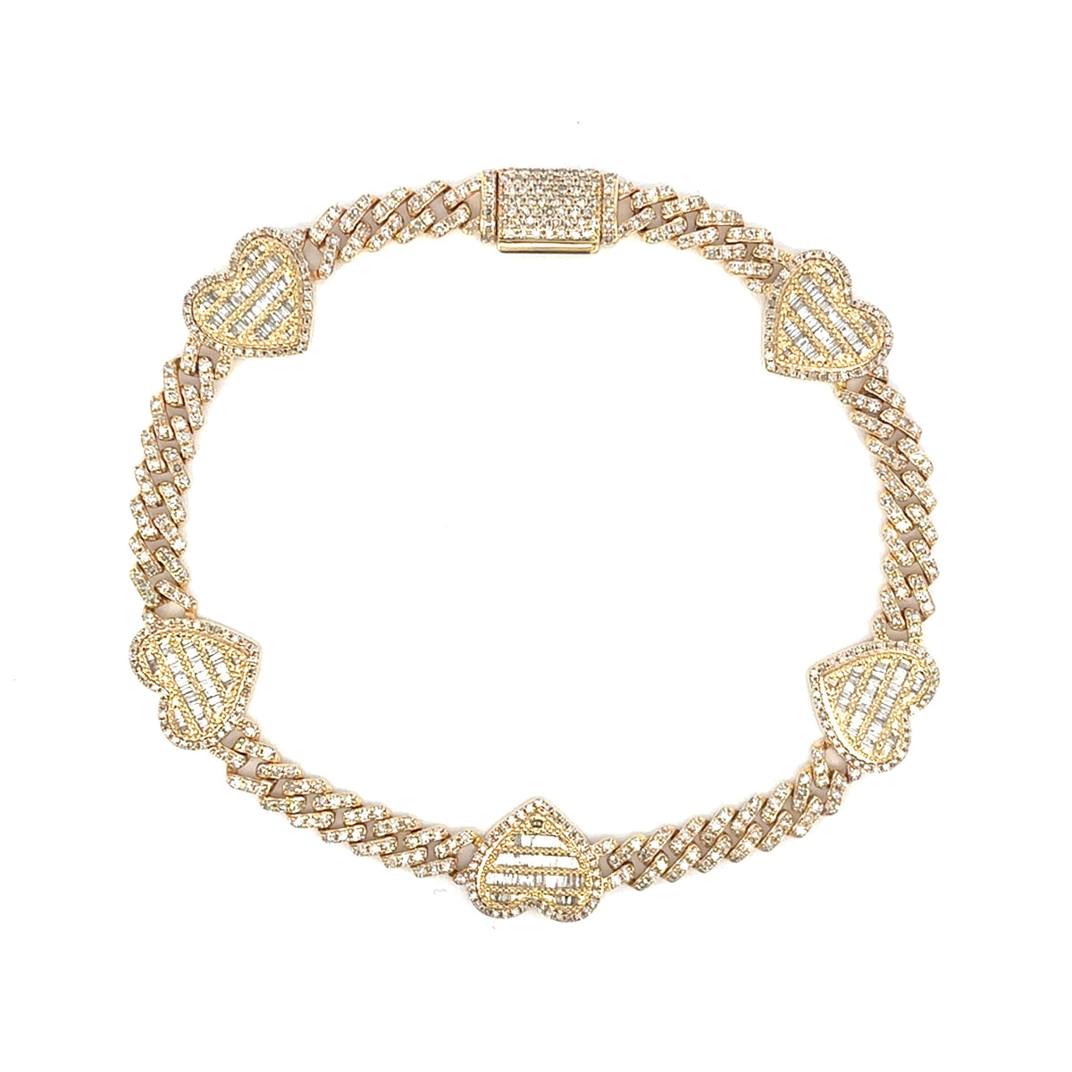 10K Gold Baguette Heart Cuban Diamond Bracelet in yellow gold - close-up product photo