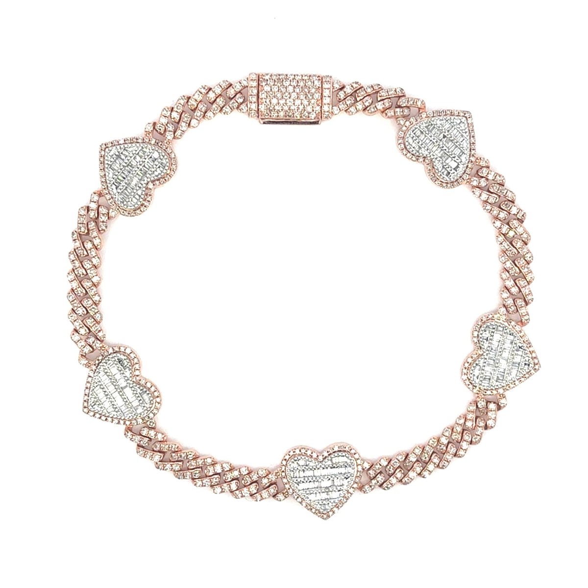 10K Gold Baguette Heart Cuban Diamond Bracelet in rose gold - close-up product photo