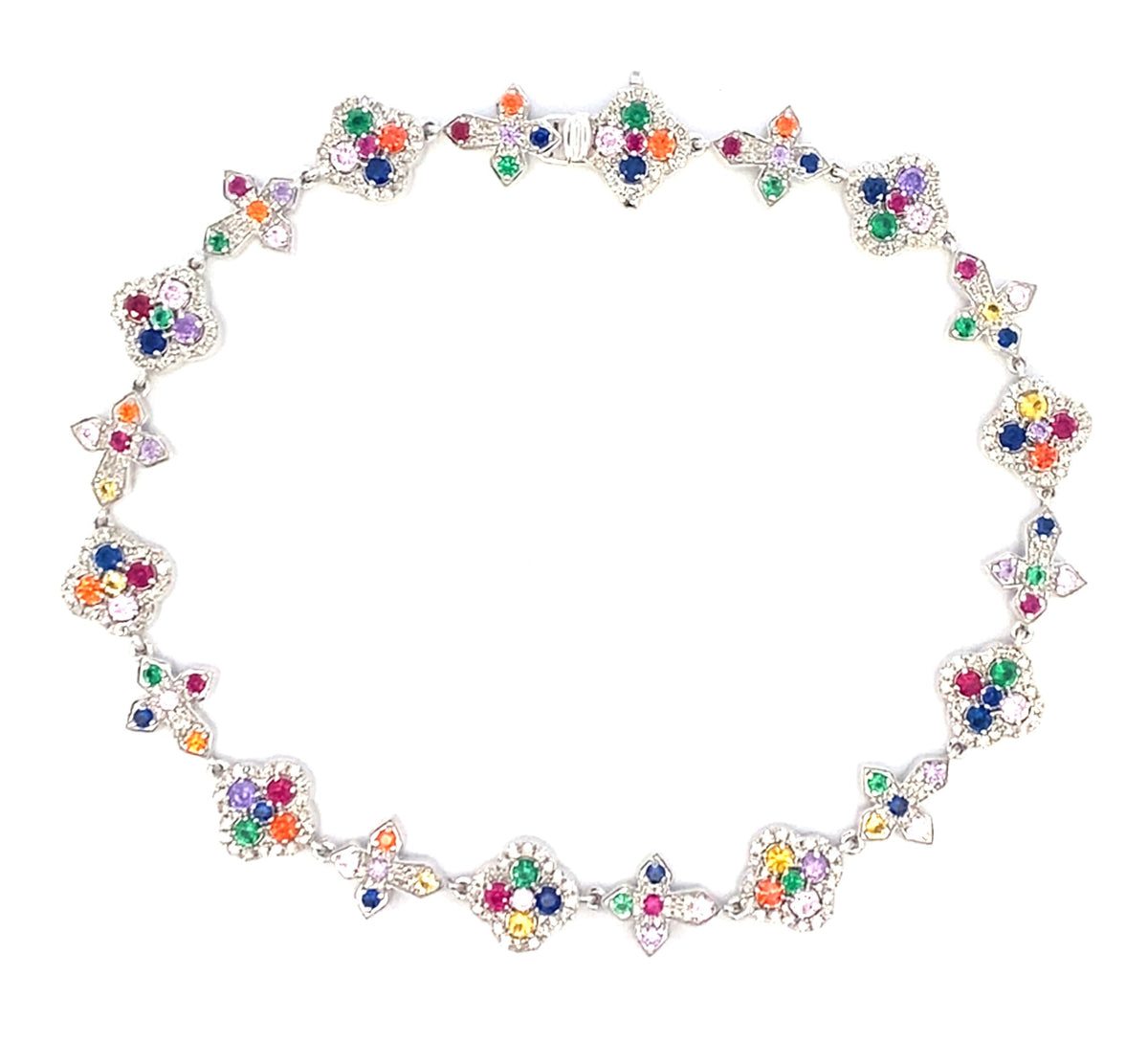 10K Gold Cross and Clover Rainbow Diamond Bracelet in white gold - close-up product photo