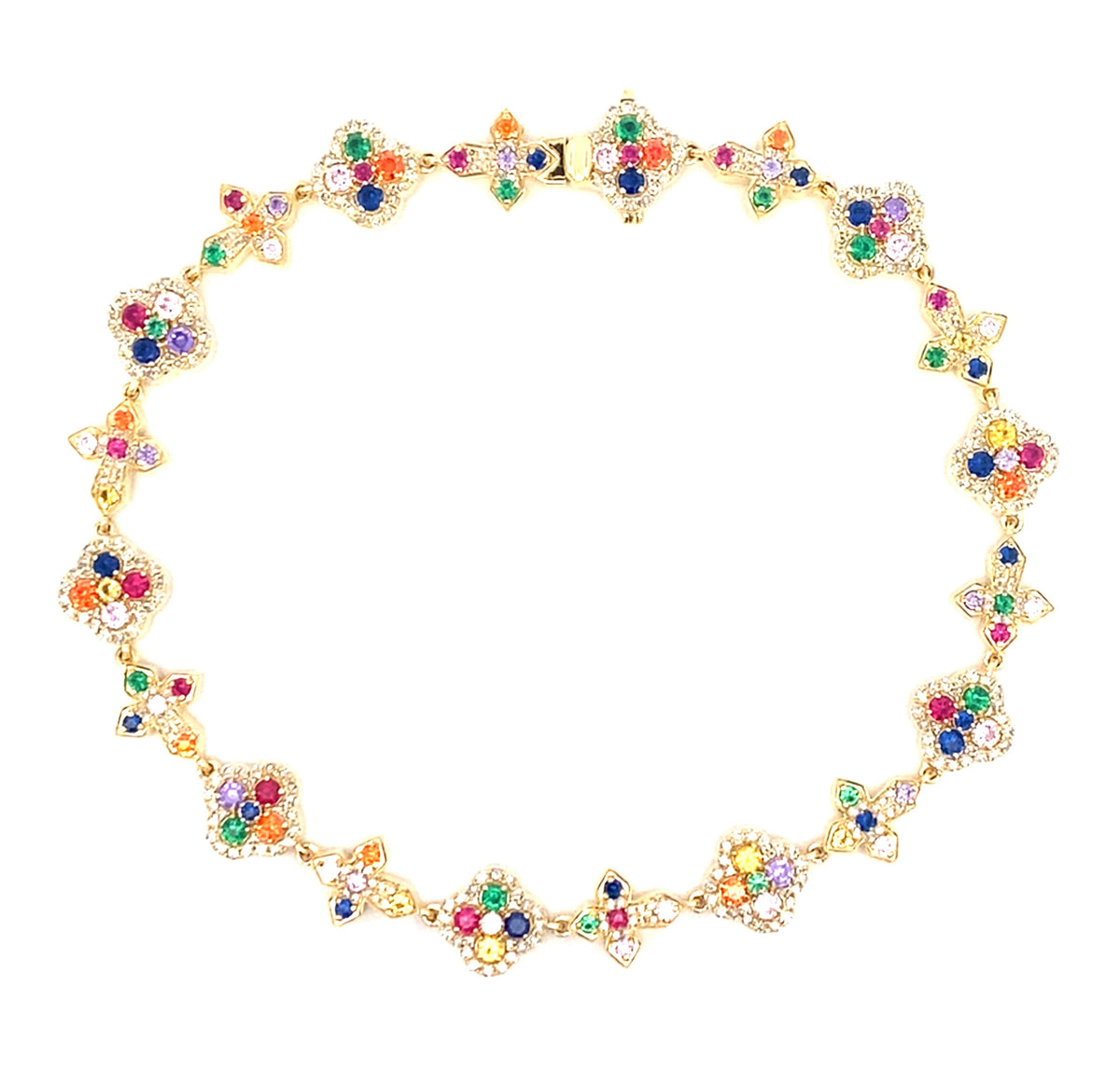 10K Gold Cross and Clover Rainbow Diamond Bracelet in yellow gold - close-up product photo