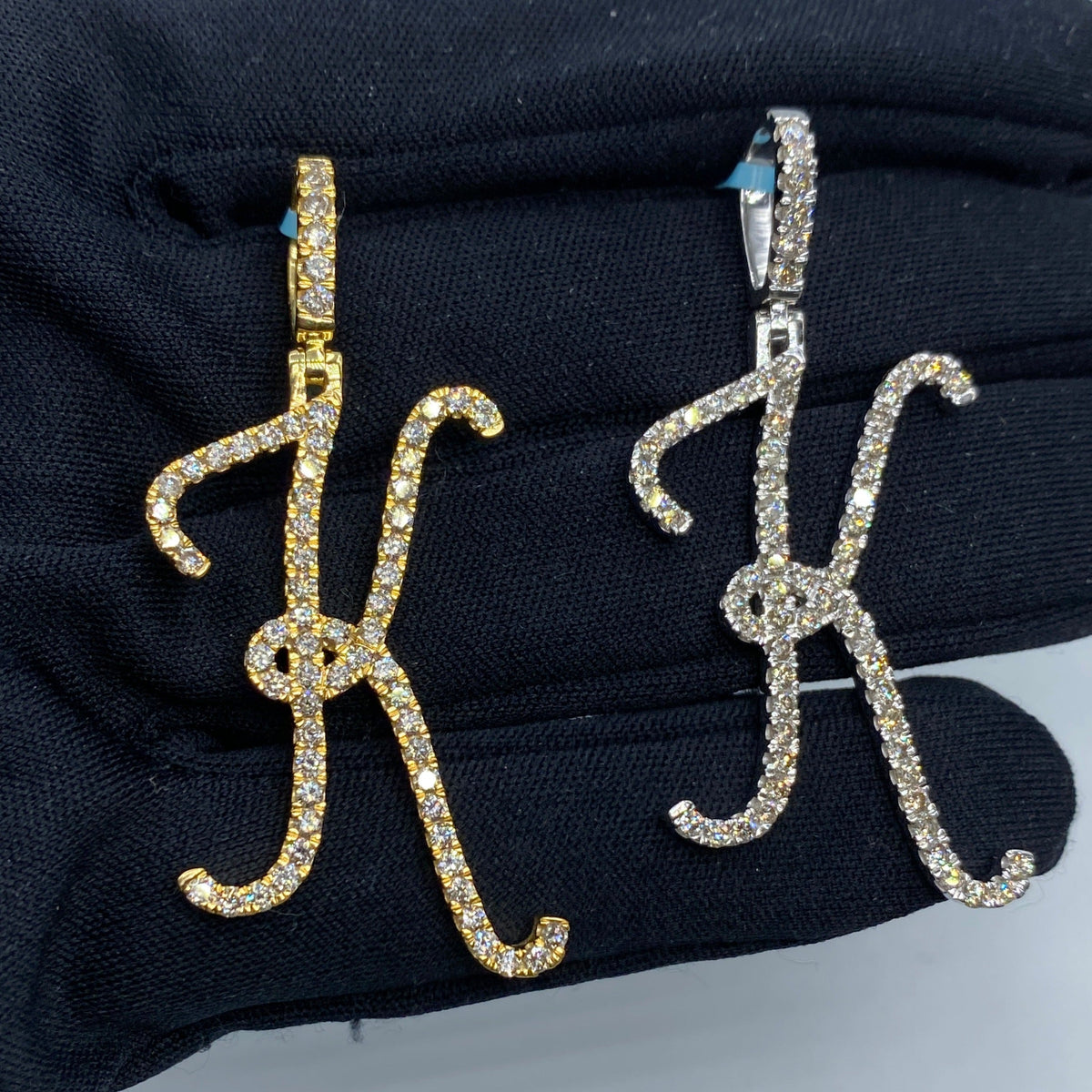 14K Gold Jumbo Script Initial Letter Diamond Pendants Full Collection in yellow gold - close-up product photo