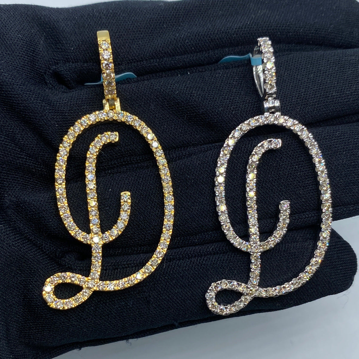 14K Gold Jumbo Script Initial Letter Diamond Pendants Full Collection in yellow gold - close-up product photo