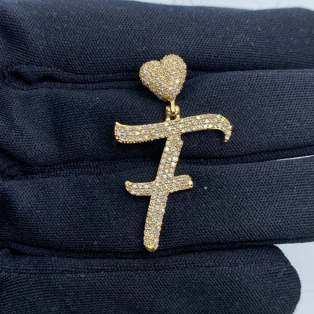 14K Gold Script Initial Letter Heart Diamond Pendants Full Collection in yellow gold - close-up product photo