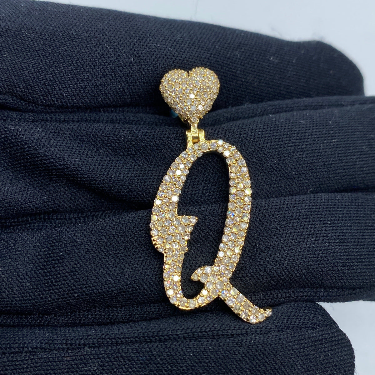 14K Gold Script Initial Letter Heart Diamond Pendants Full Collection in yellow gold - close-up product photo