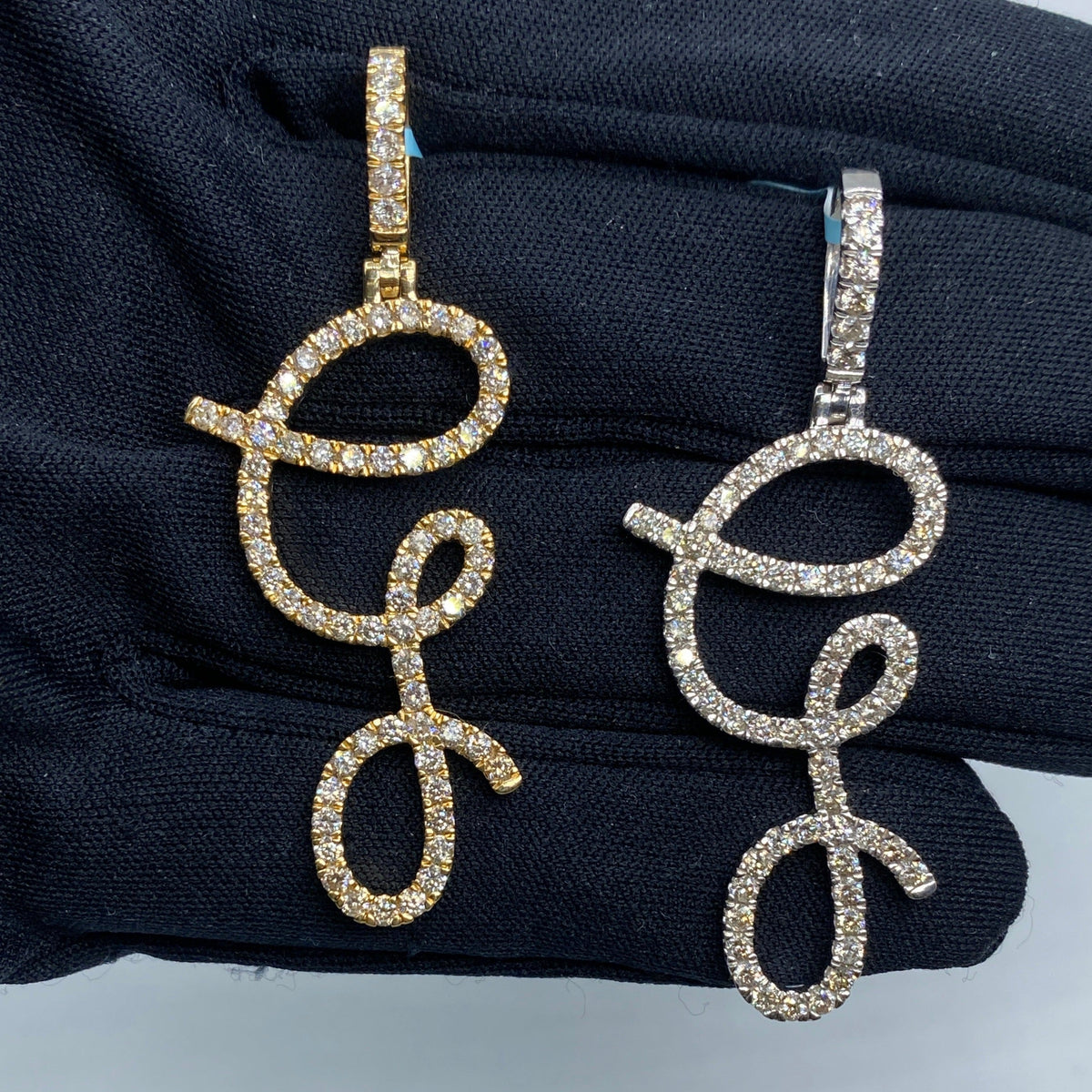 14K Gold Jumbo Script Initial Letter Diamond Pendants Full Collection in yellow gold - close-up product photo