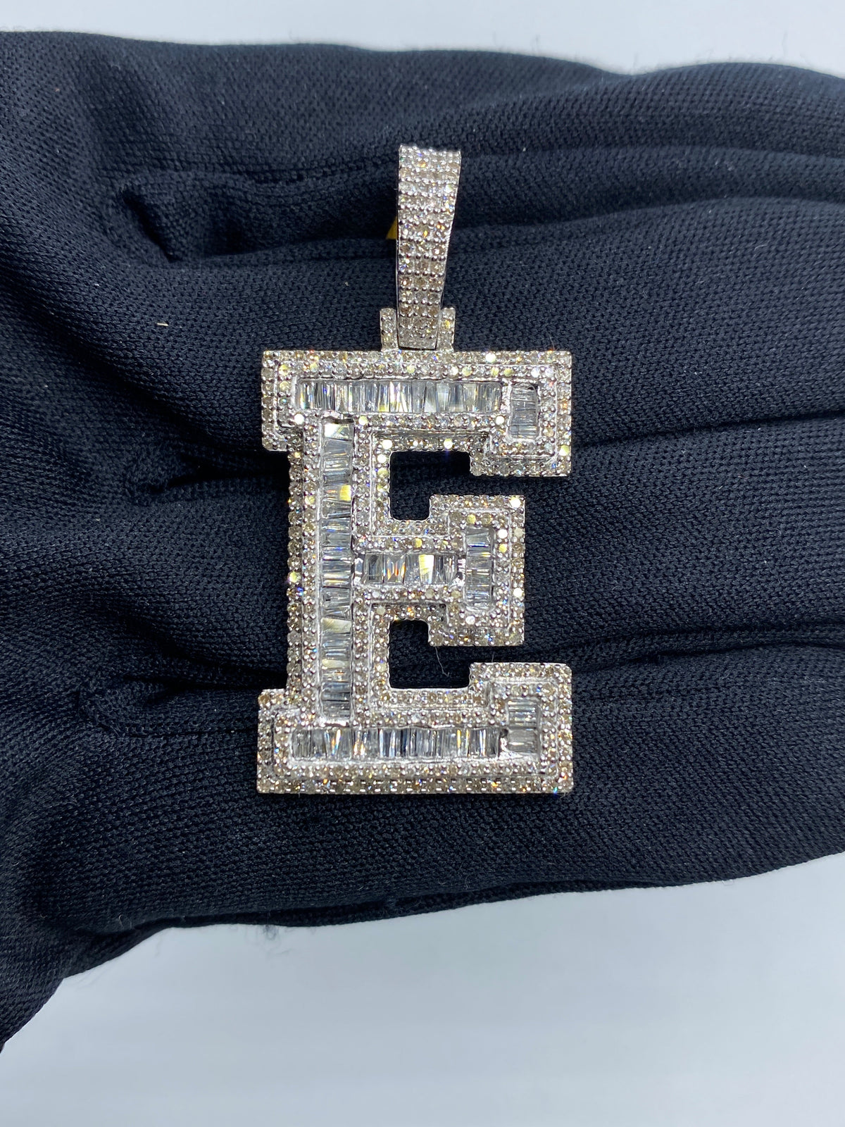 Initial E Baguette Diamond Pendant in white - close-up product photo