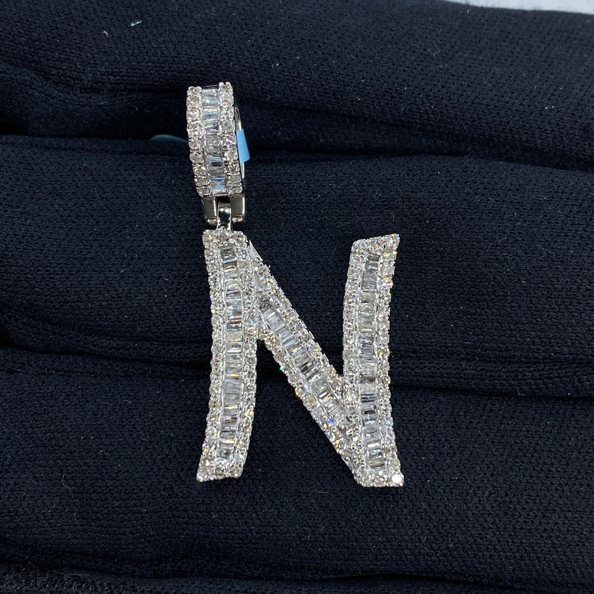 14K Gold Bamboo Initial Letter Diamond Baguette Pendants Full Collection in white gold, Small - close-up product photo