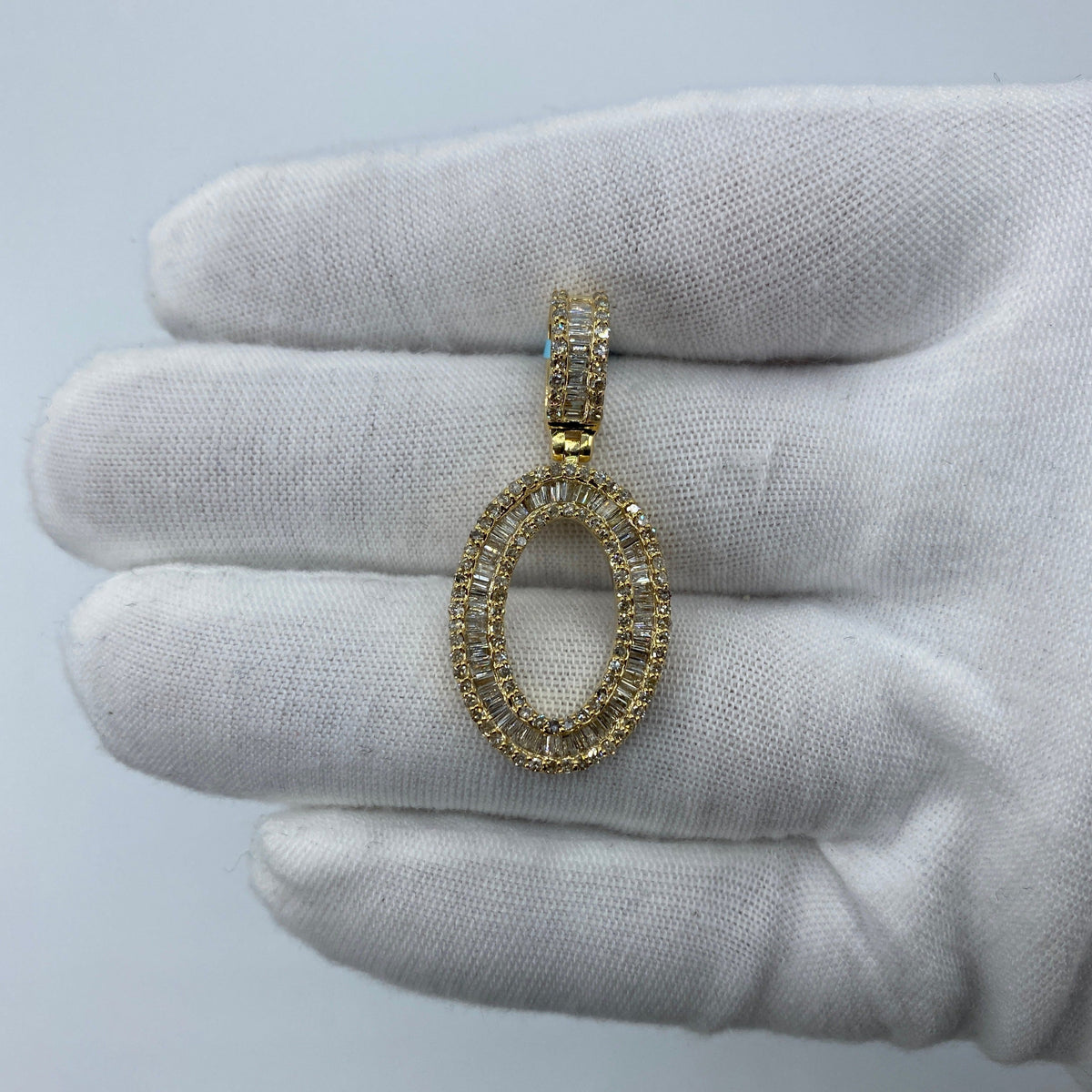 14K Gold Initial O Diamond Baguette Pendant in yellow gold, Large - close-up product photo