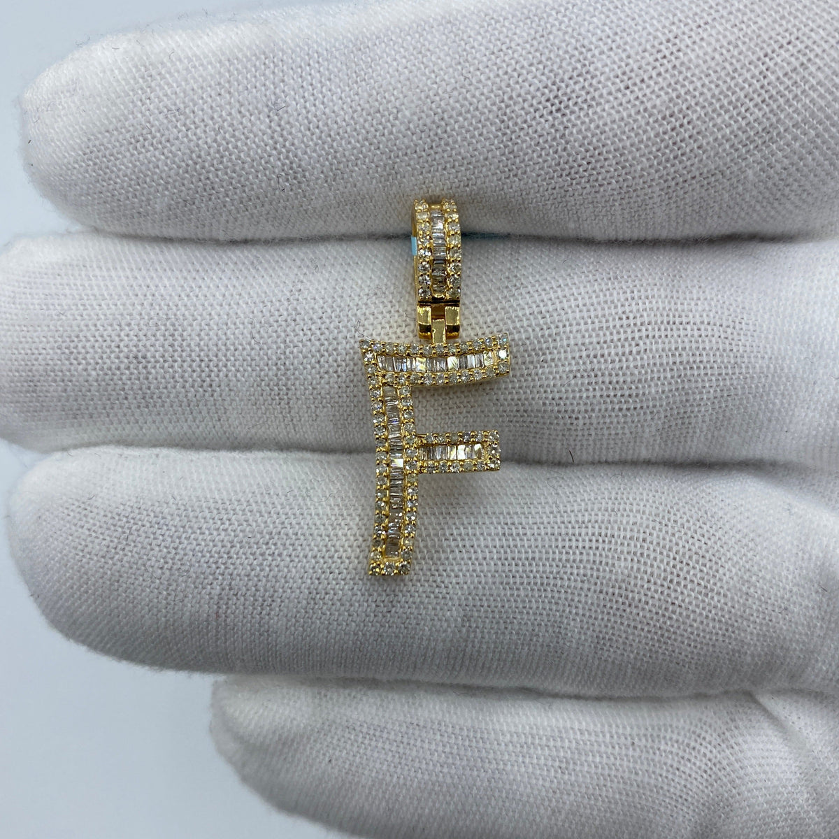 14K Gold Initial F Diamond Baguette Pendant in yellow gold, Small - close-up product photo