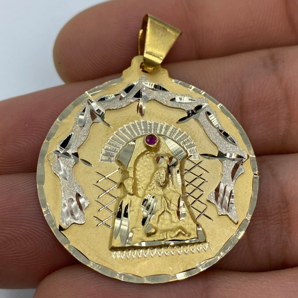 14K Gold Saint Caridad Del Cobre Round Medallion Pendant 1.75 in - additional product view 2