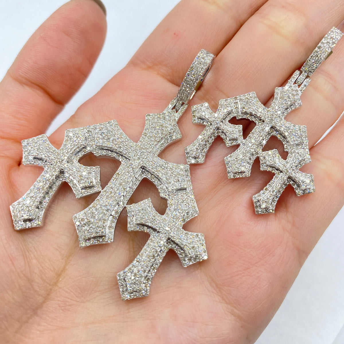 10K Gold Trinity Triple Cross Diamond Pendant in white gold, Small - close-up product photo