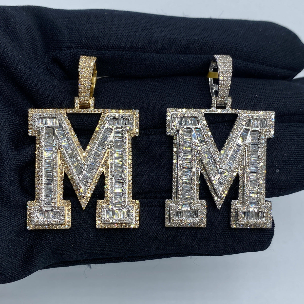 10K Gold Varsity Initial Letter Diamond Baguette Pendants Full Collection in yellow gold - close-up product photo