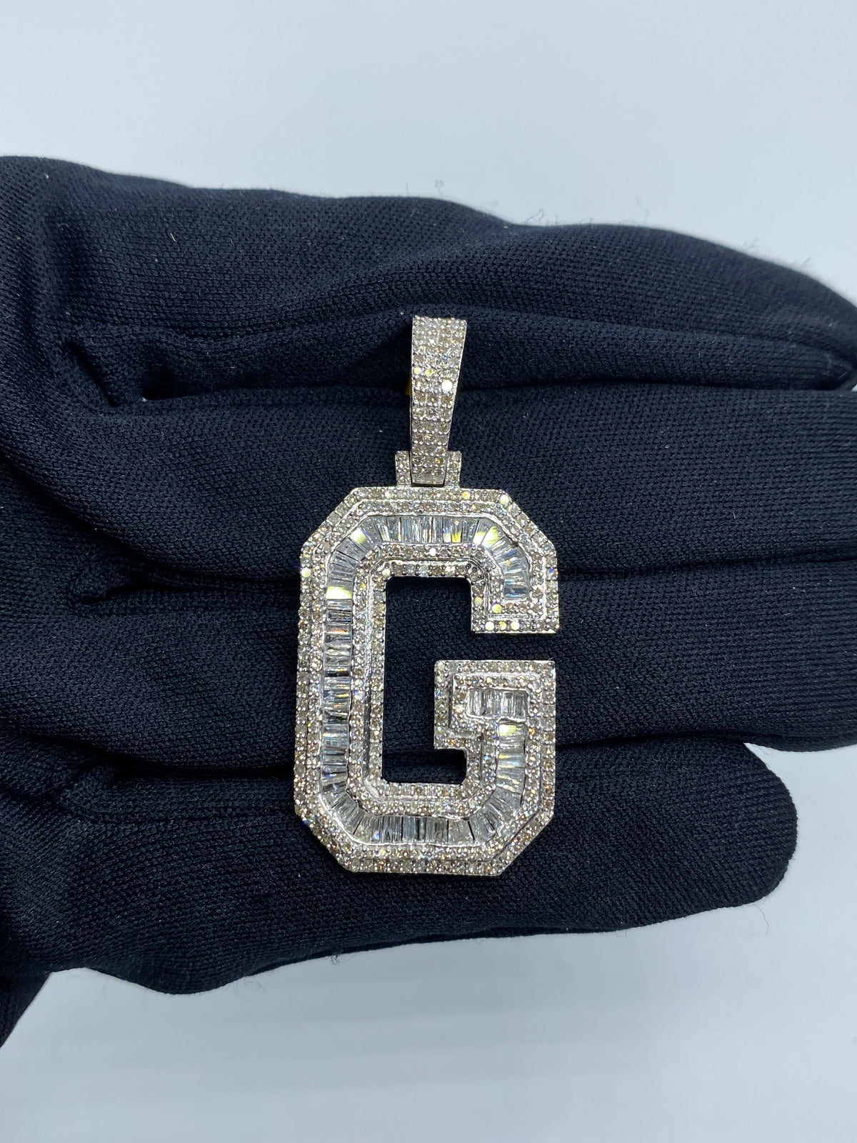 Initial G Baguette Diamond Pendant in white - close-up product photo