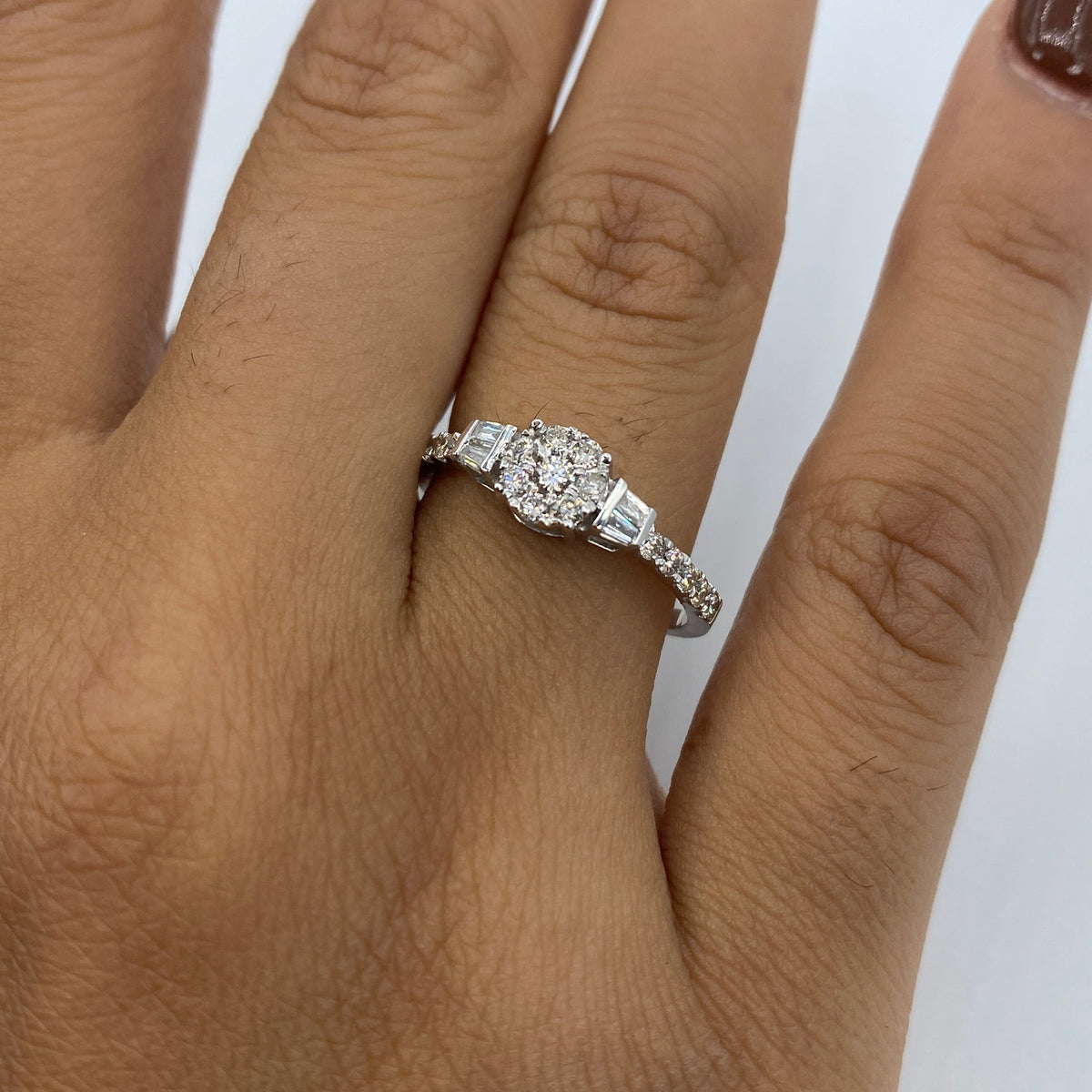 14K Gold Diamond Baguette Engagement Ring in white gold - close-up product photo