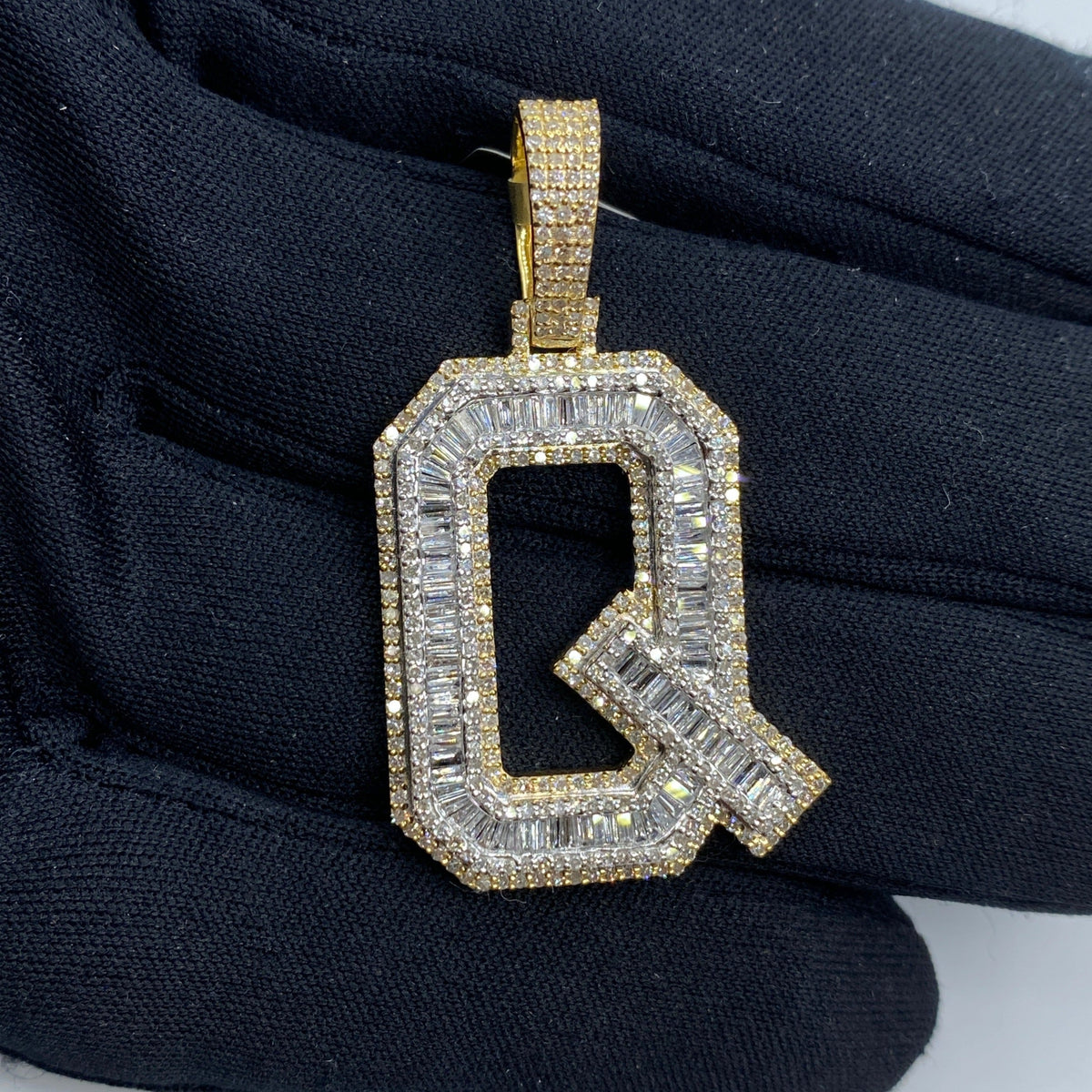 10K Gold Varsity Initial Letter Diamond Baguette Pendants Full Collection in yellow gold - close-up product photo