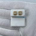 14K Gold Rectangle Halo Diamond Baguette Earrings in yellow gold - close-up product photo