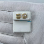 14K Gold Rectangle Halo Diamond Baguette Earrings in yellow gold - close-up product photo