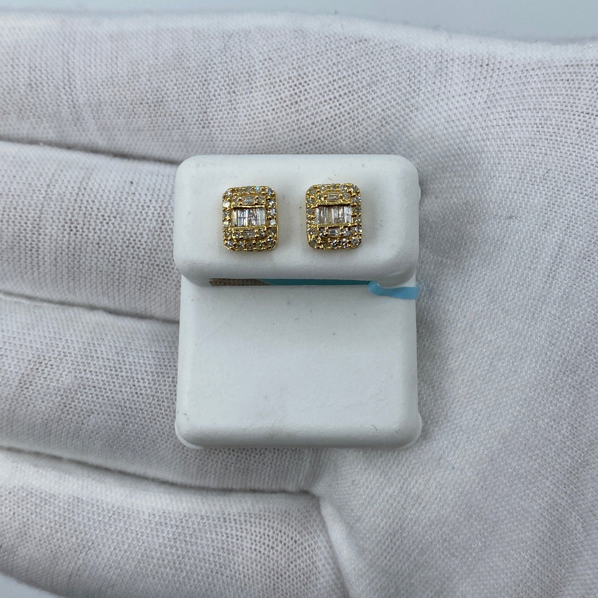 14K Gold Rectangle Halo Diamond Baguette Earrings in yellow gold - close-up product photo