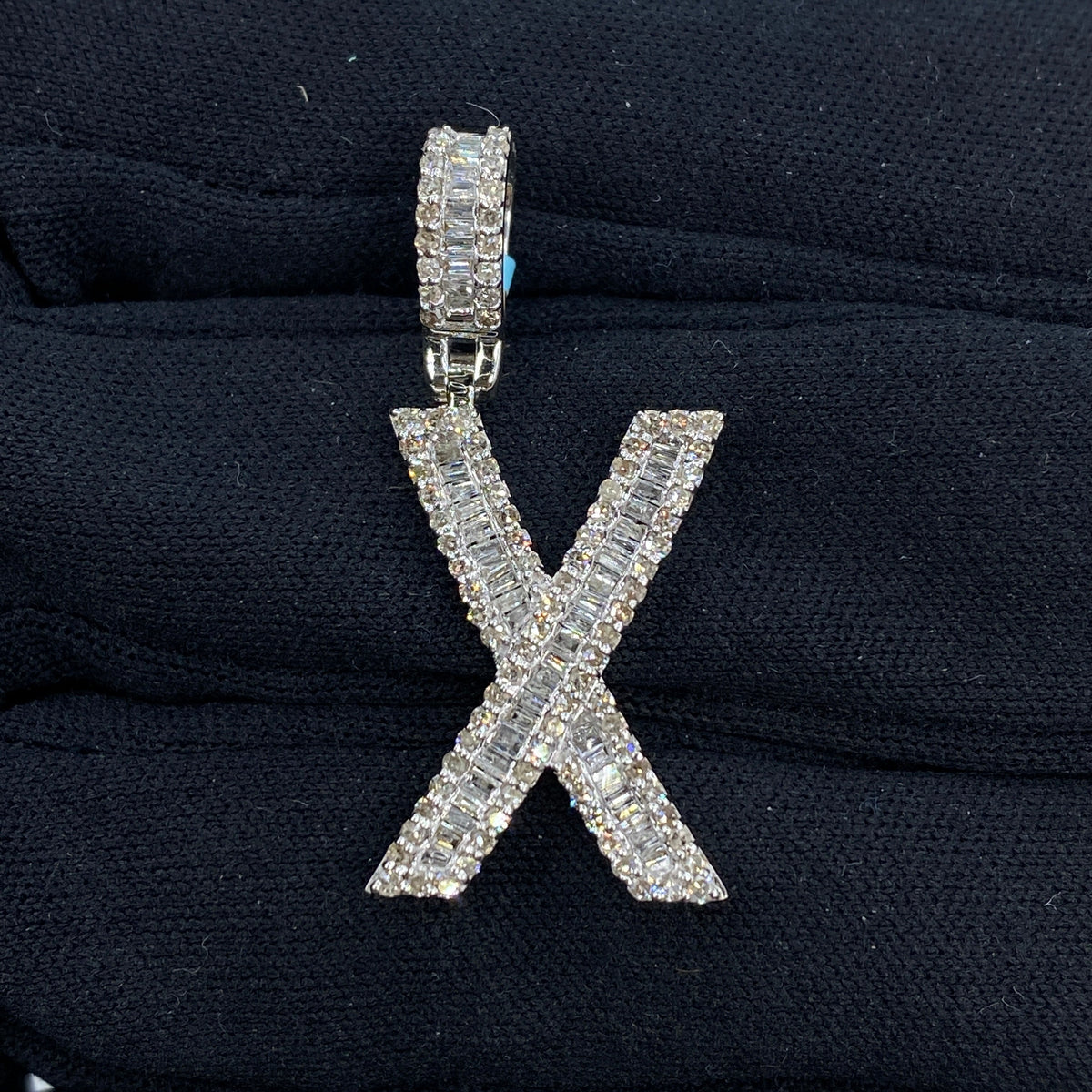 14K Gold Initial X Diamond Baguette Pendant in white gold, Small - close-up product photo