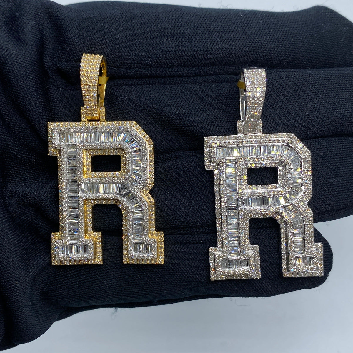 10K Gold Varsity Initial Letter Diamond Baguette Pendants Full Collection in yellow gold - close-up product photo
