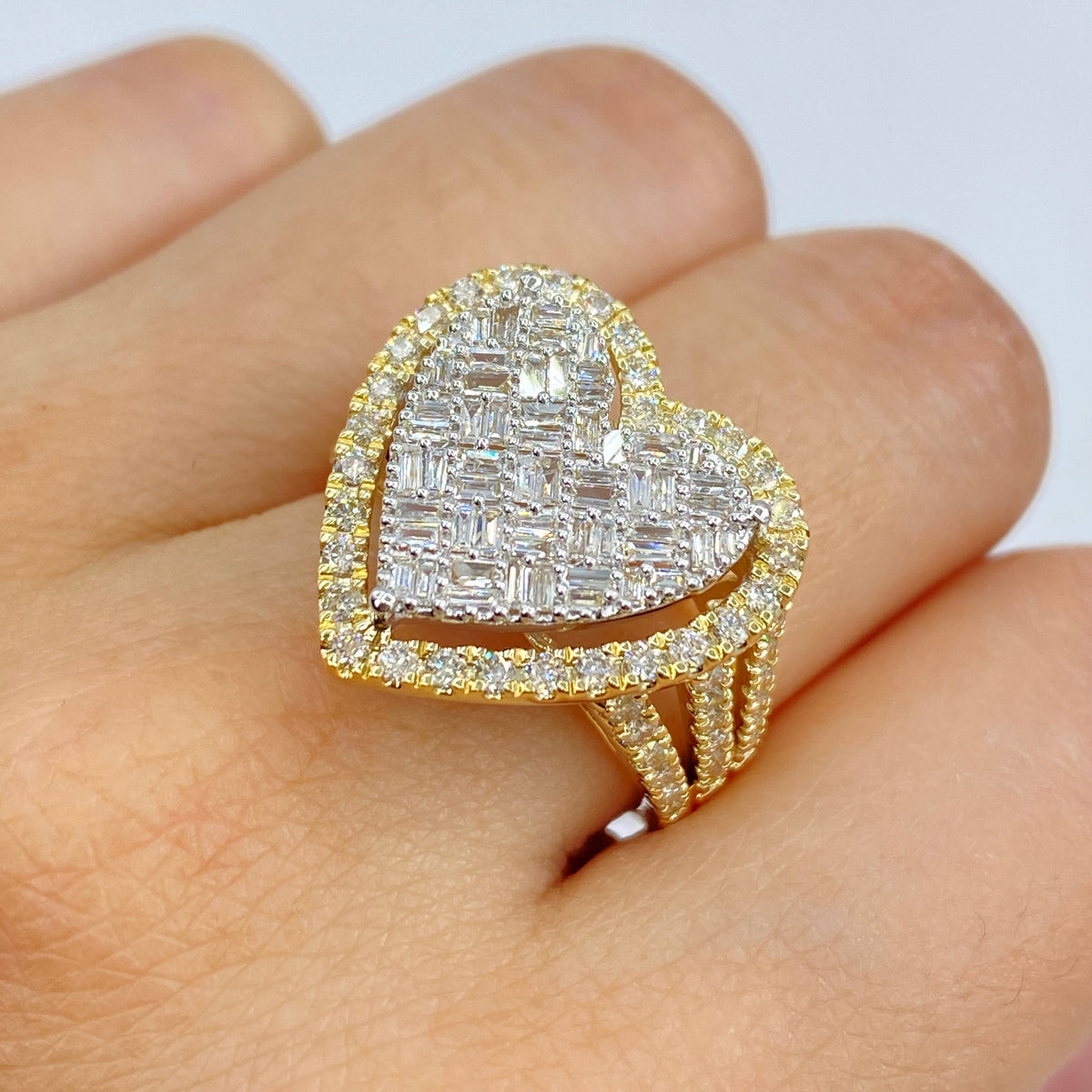 14K Gold Full Heart Diamond Baguette Ring in yellow gold - close-up product photo