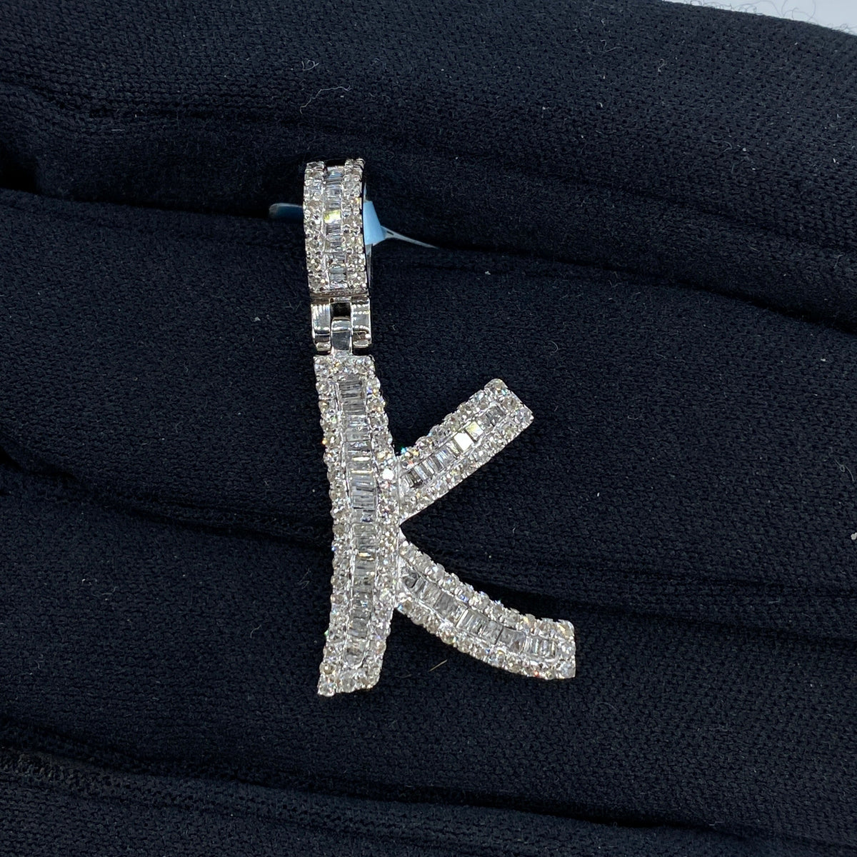 14K Gold Bamboo Initial Letter Diamond Baguette Pendants Full Collection in white gold, Small - close-up product photo