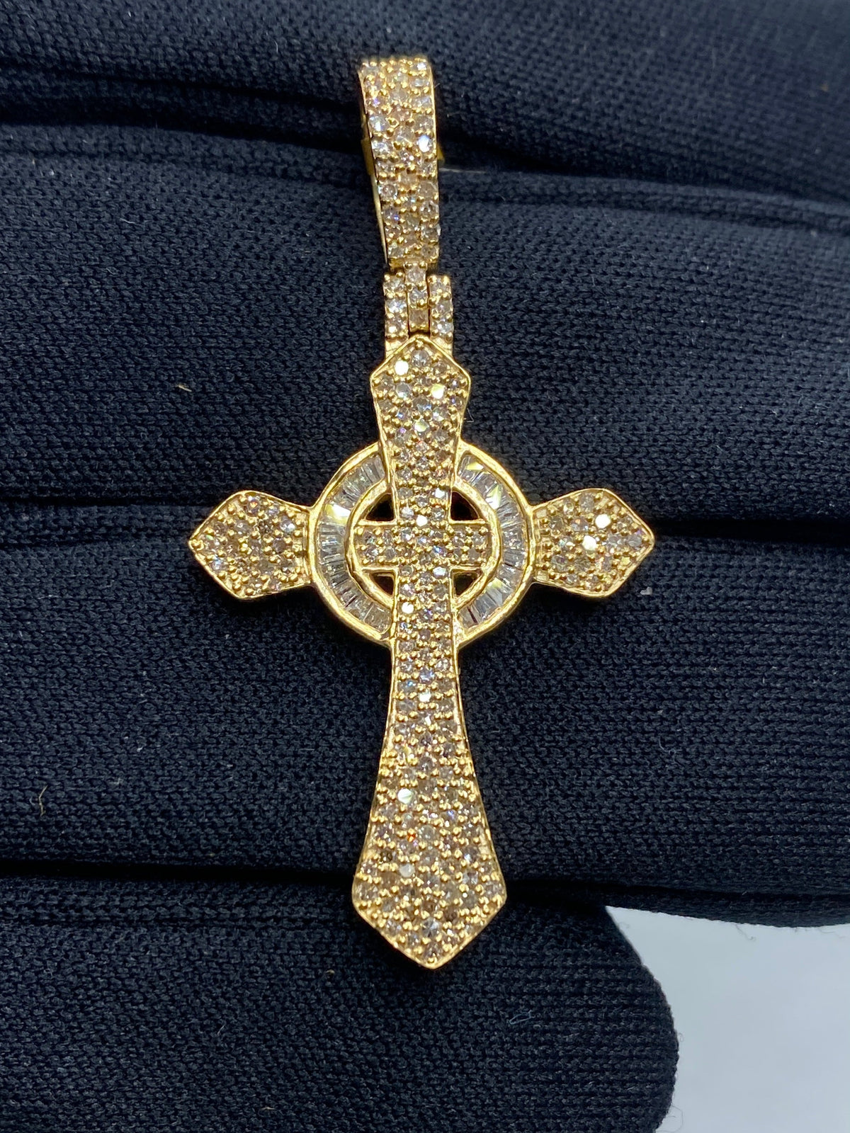 10K Gold Celtic Cross Diamond Baguette Pendant 1.2 Ct in yellow gold - close-up product photo