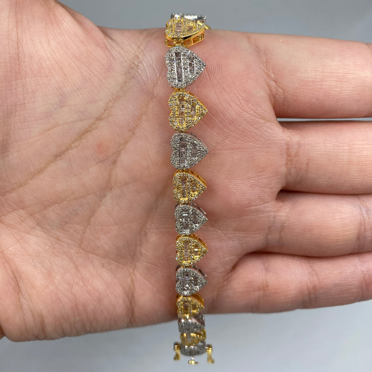 10K Gold 9mm Multi-Color Hearts Link Diamond Baguette Bracelet 6.5-7.5 in two-tone (white & yellow), 6.5" - close-up product photo
