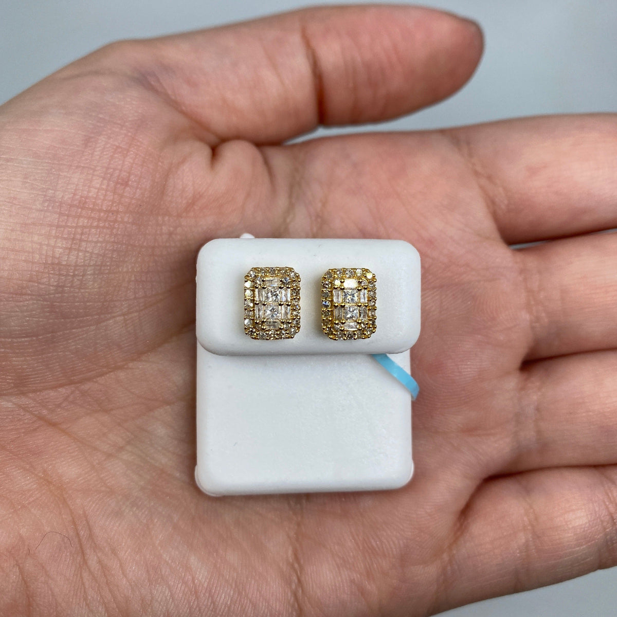 14K Gold Rectangle Diamond Baguette Castle Earrings in yellow gold - close-up product photo