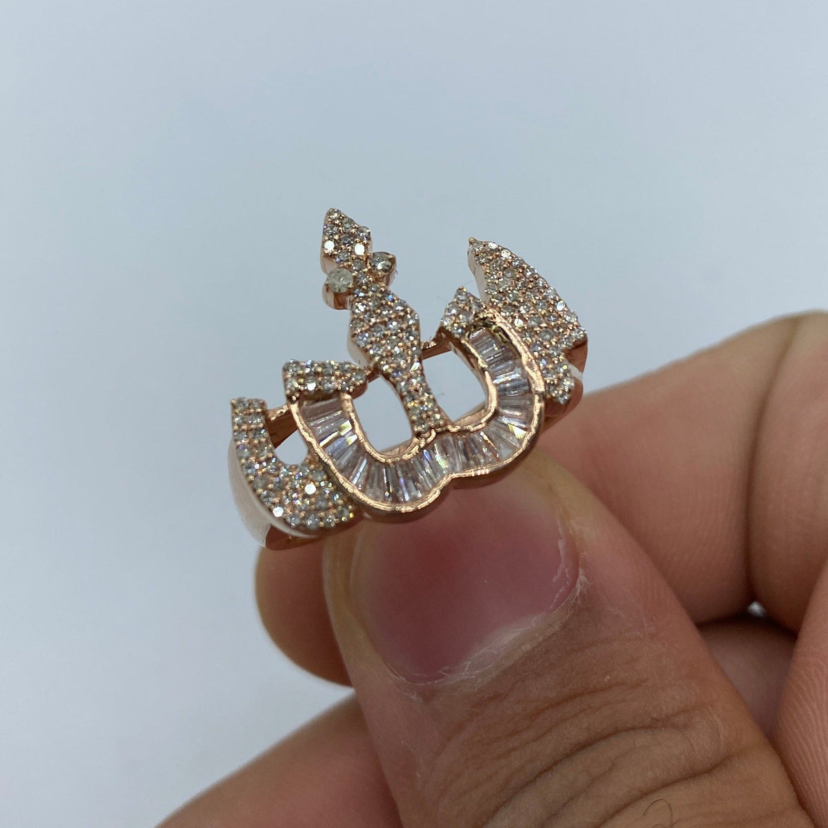10K Gold Allah Diamond Baguette Ring in rose gold - close-up product photo