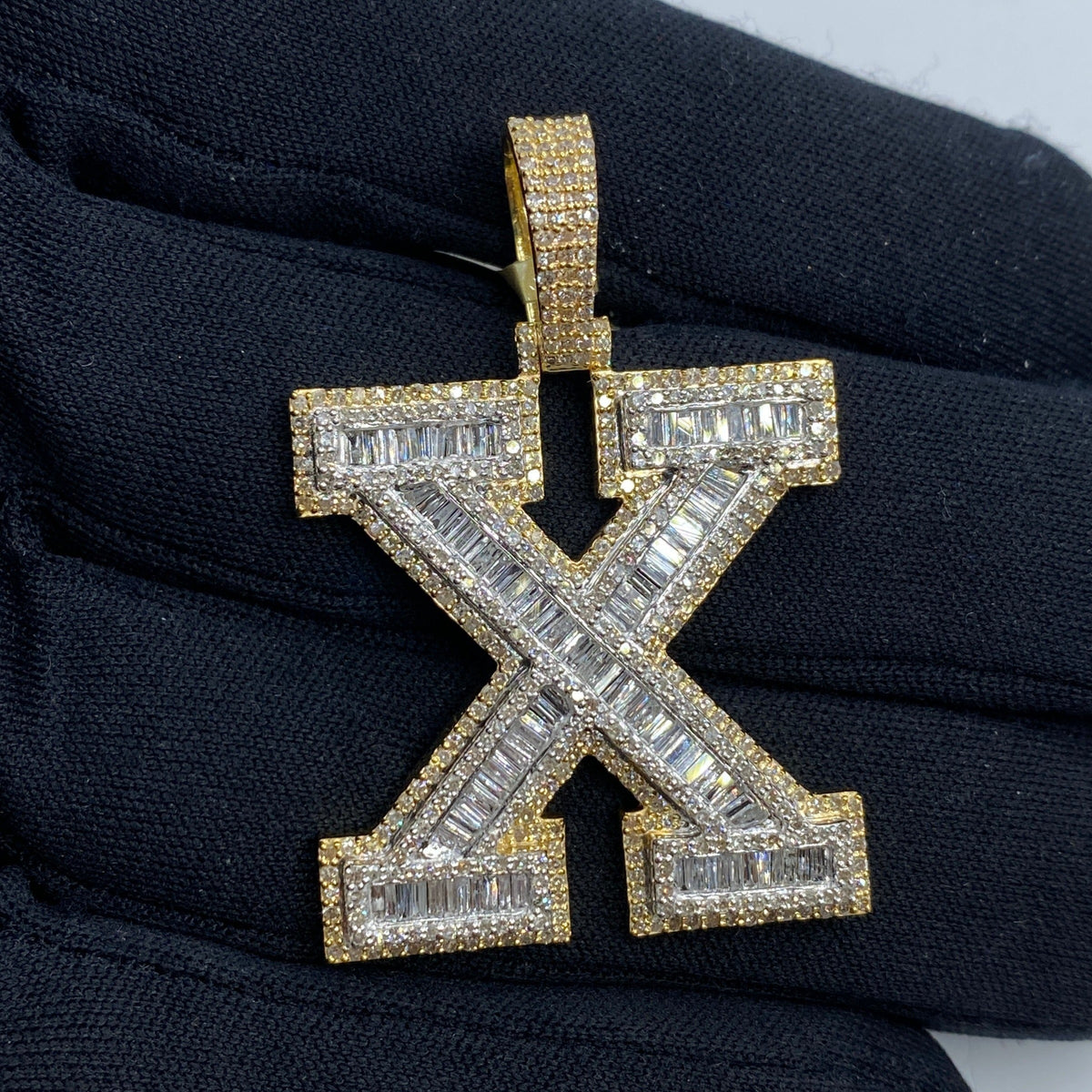10K Gold Varsity Initial Letter Diamond Baguette Pendants Full Collection in yellow gold - close-up product photo