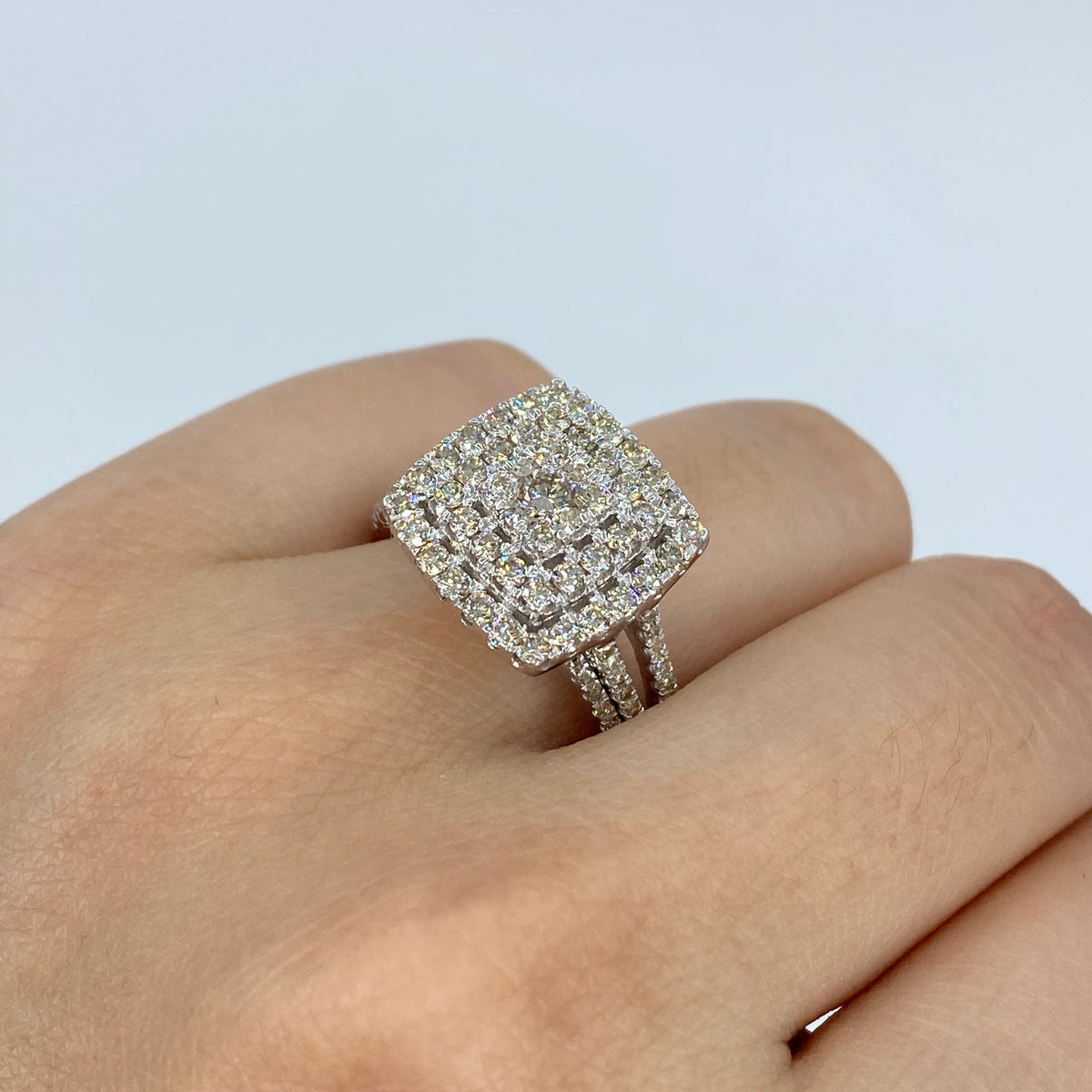 14K Gold Square Halo Circle Center Stone Engagement Diamond Ring in white gold - close-up product photo
