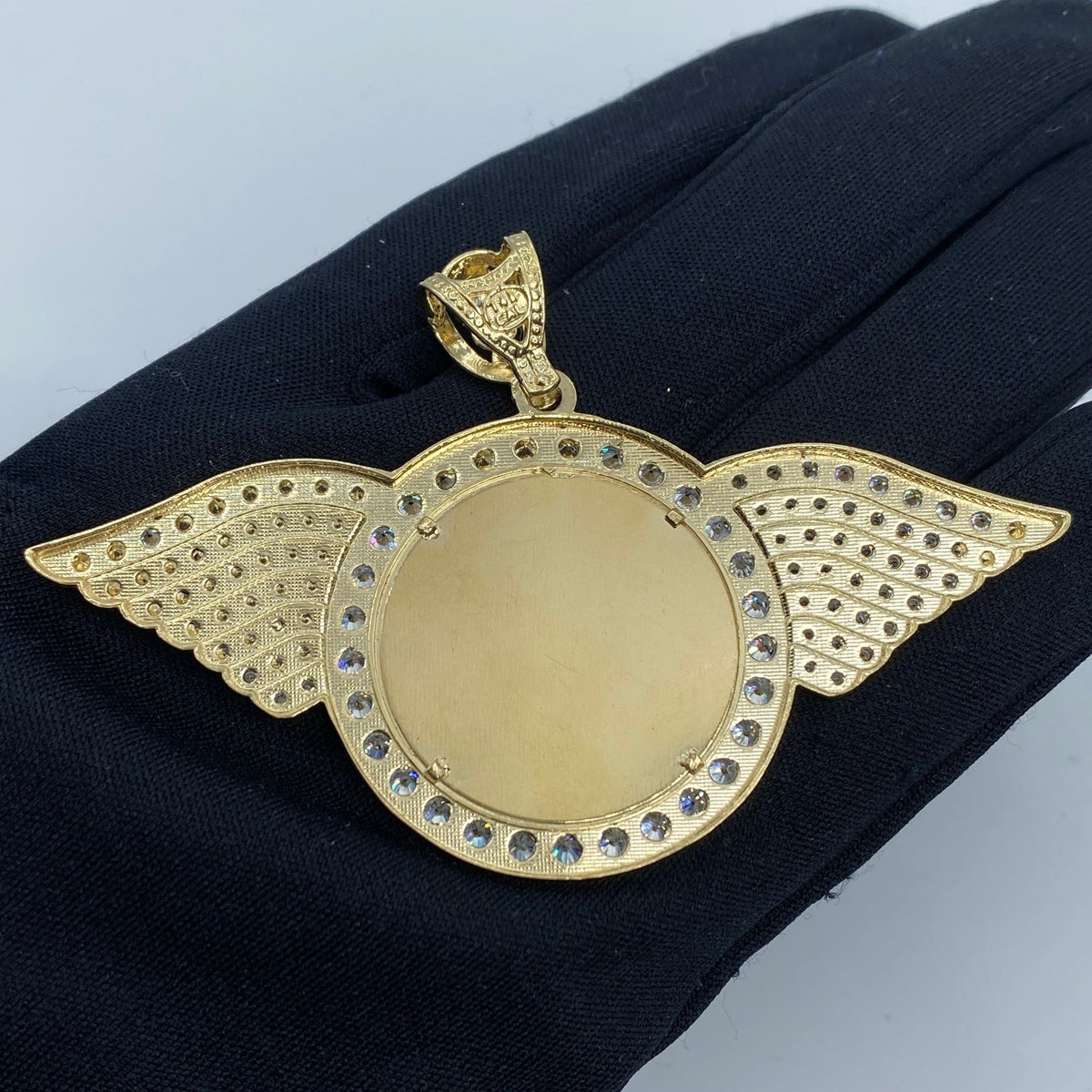 14K Gold Circle Angel Wings Picture Photo CZ Pendant - additional product view 4