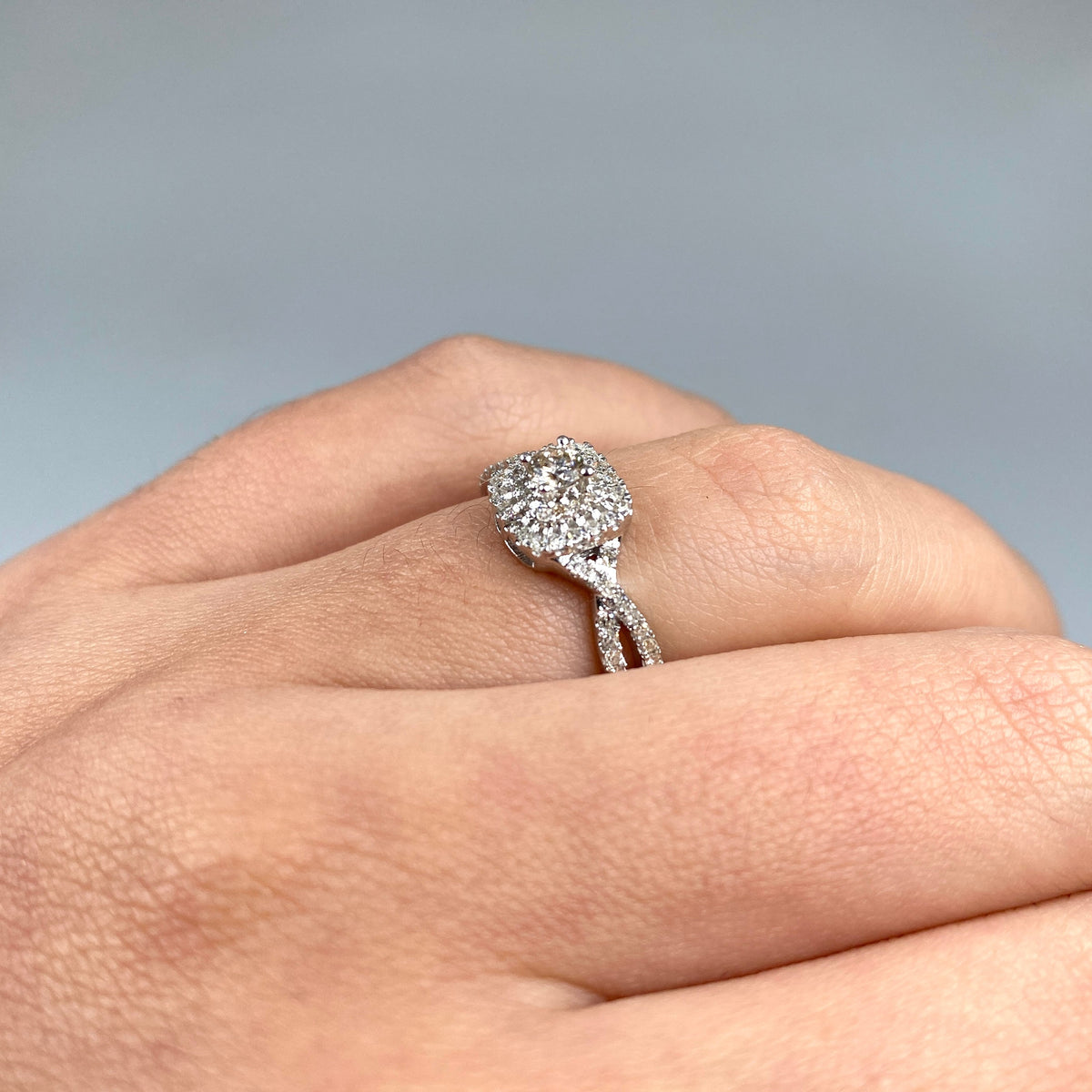 14K Gold Square Large Center Stone Spiral Diamond Engagement Ring in white gold - close-up product photo