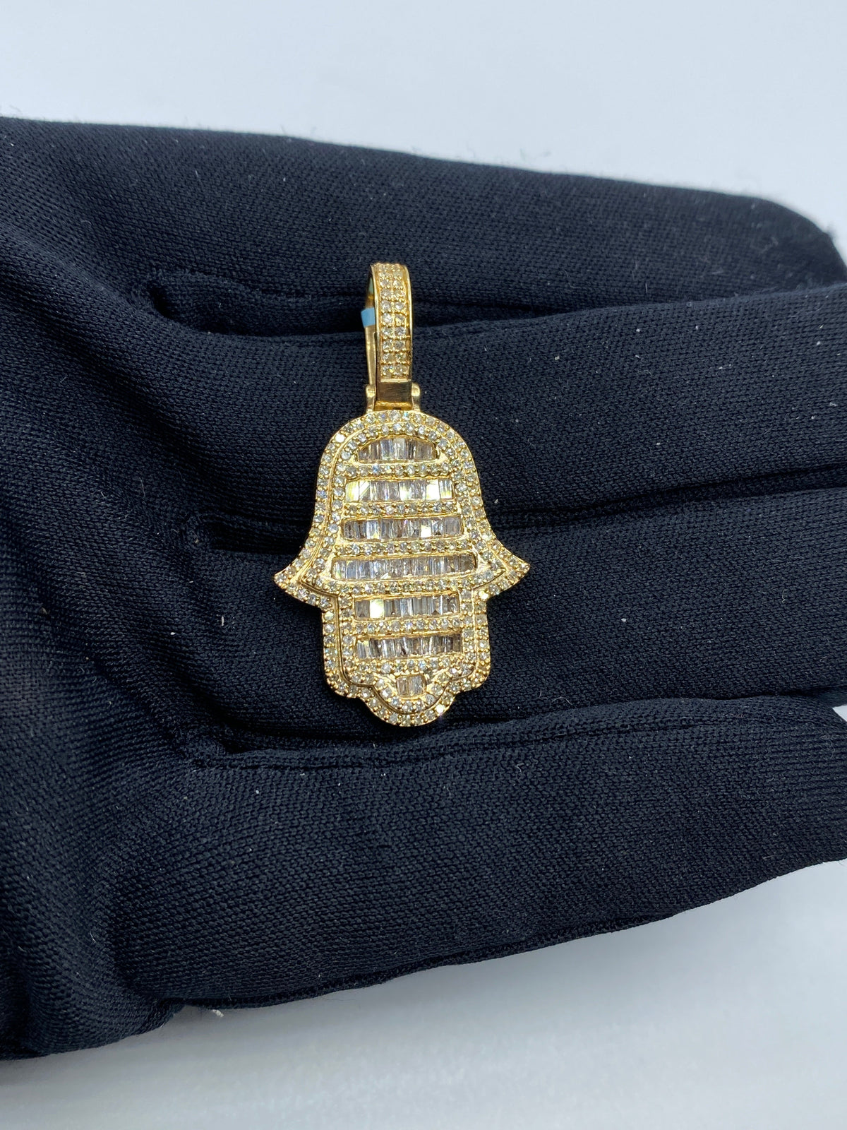 14K Gold Hamsa Solid Diamond Baguette Pendant - additional product view 2