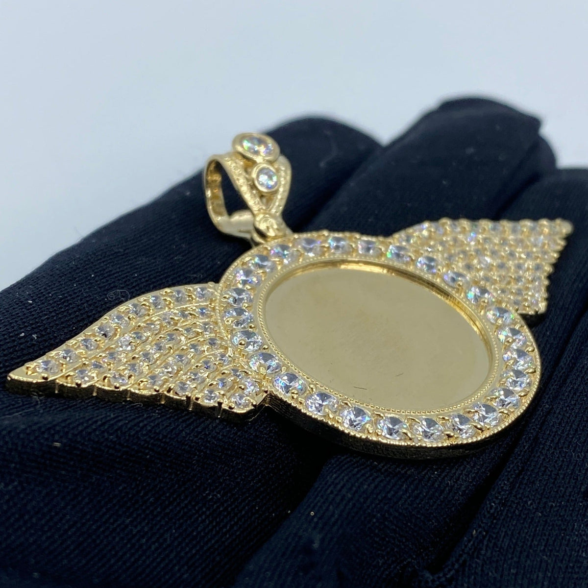 14K Gold Circle Angel Wings Picture Photo CZ Pendant - additional product view 3