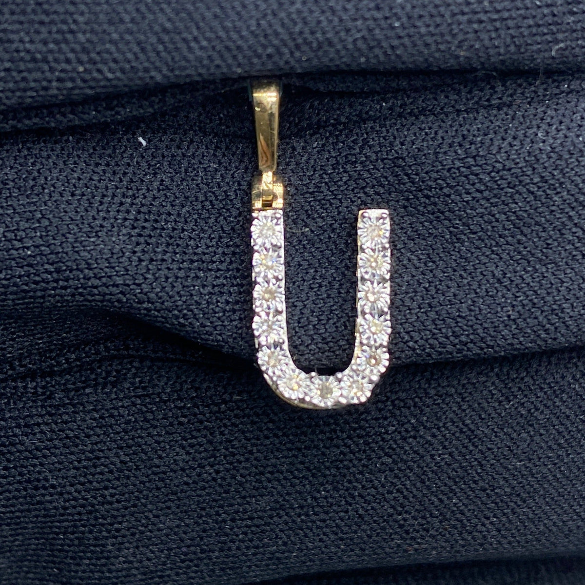 14K Gold Single Stone Initial U Diamond Pendant, Small - close-up product photo