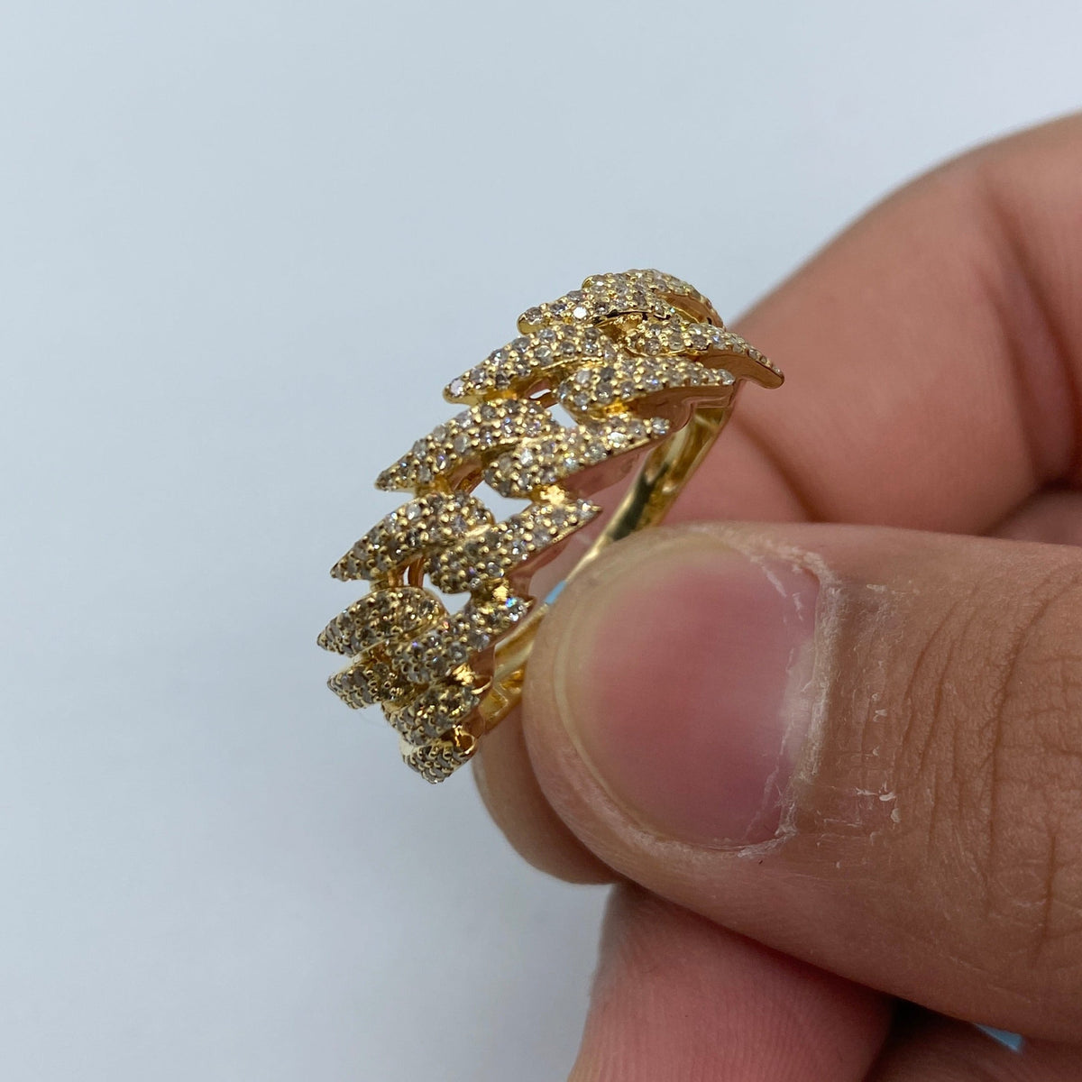 14K Gold 9mm Cuban Thorn Link Diamond Ring in yellow gold - close-up product photo