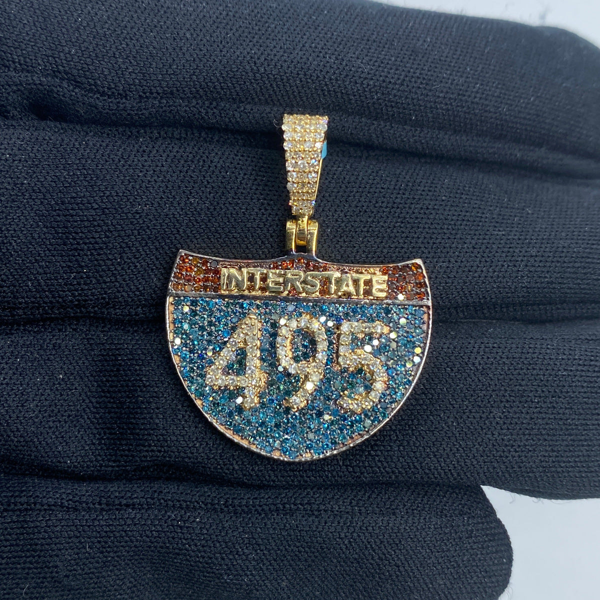 14K Gold Interstate 495 Diamond Pendant FREE Chain Included, Small - close-up product photo