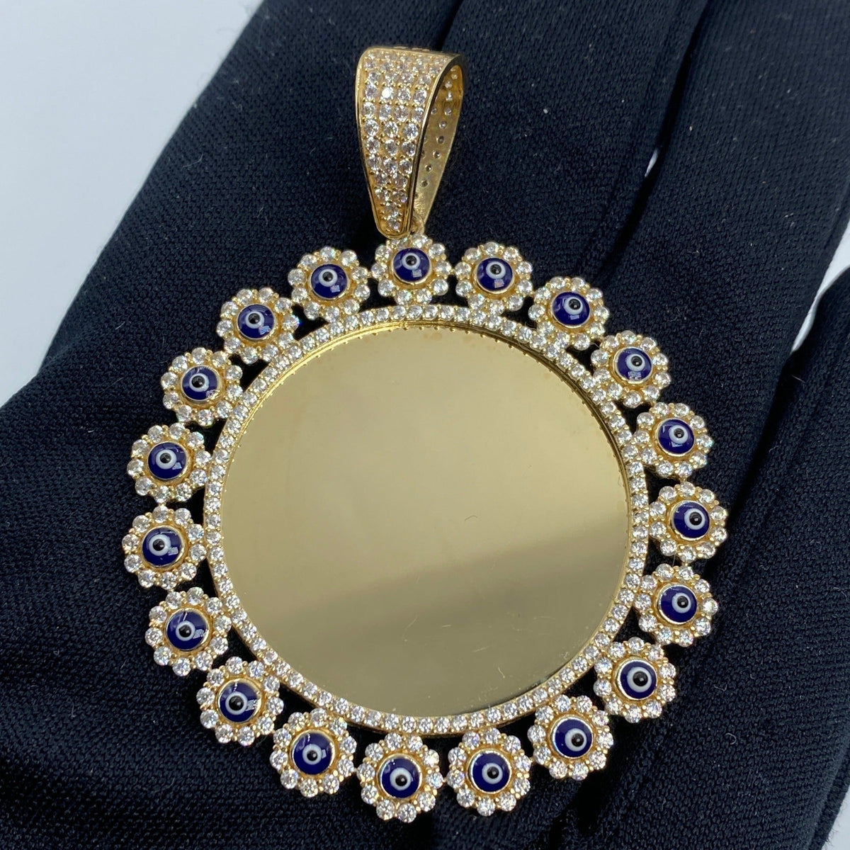 14K Gold Evil Eyes Flower Circle Picture Photo CZ Pendant - additional product view 2
